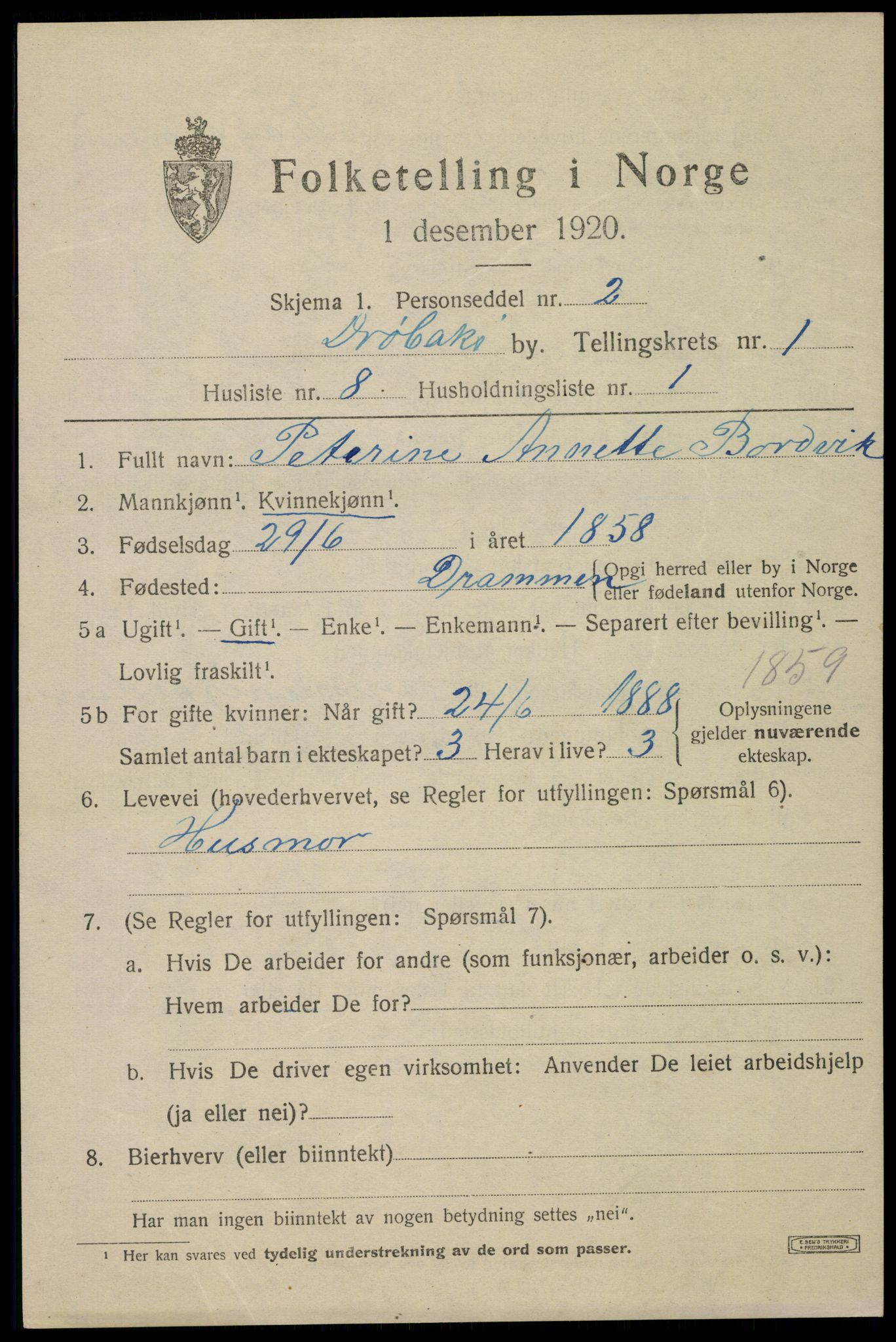 SAO, 1920 census for Drøbak, 1920, p. 2071