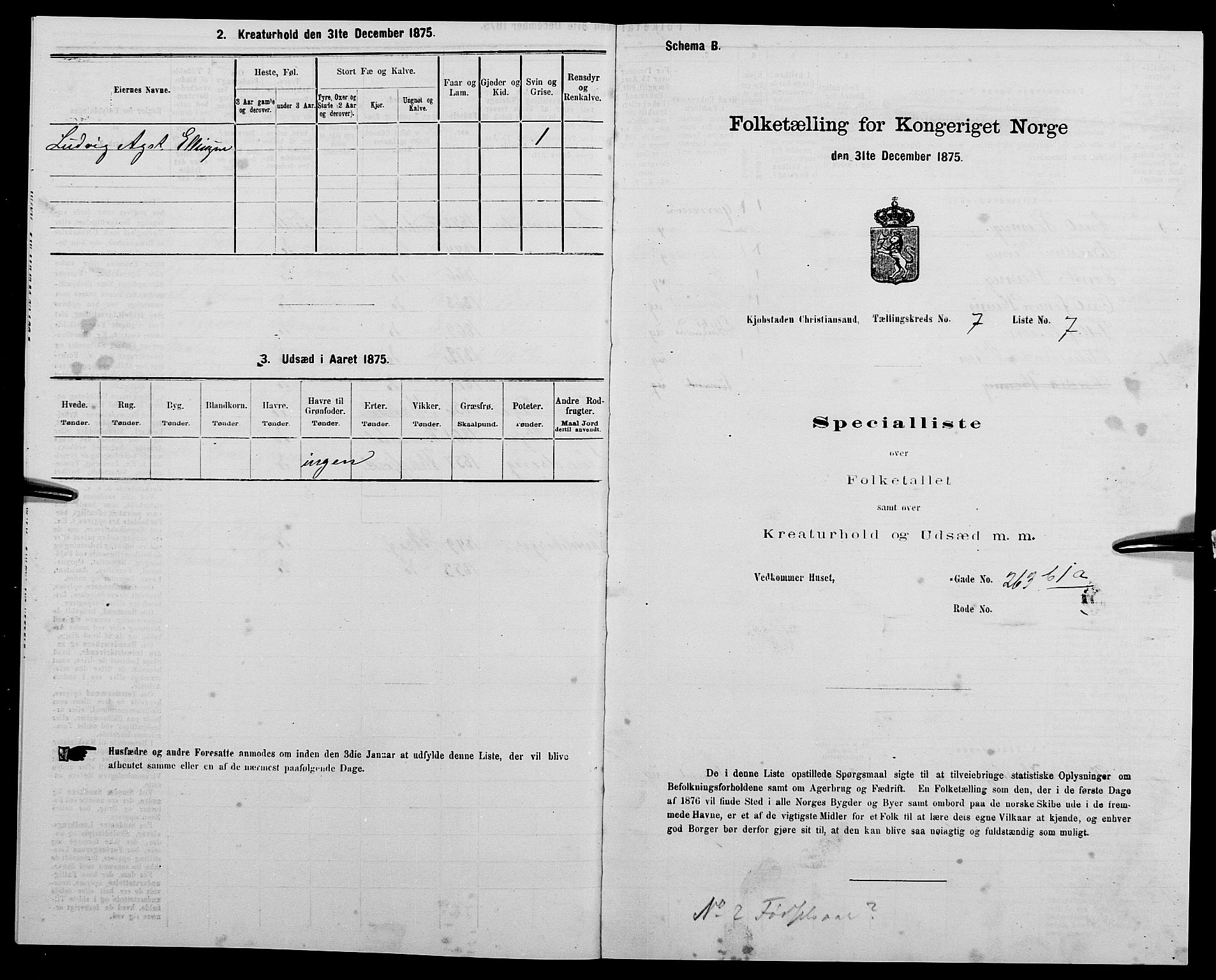 SAK, 1875 census for 1001P Kristiansand, 1875, p. 1001