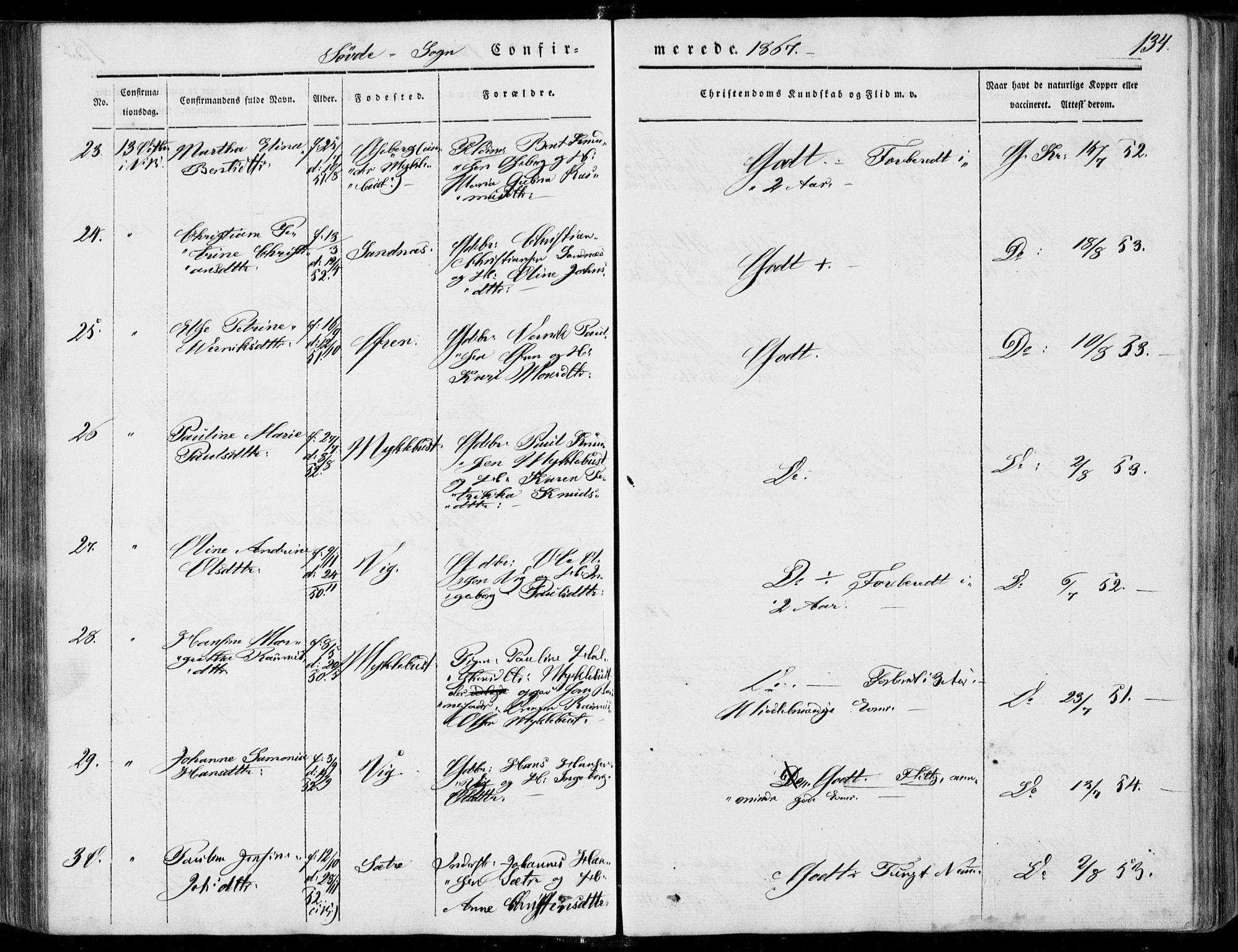 Ministerialprotokoller, klokkerbøker og fødselsregistre - Møre og Romsdal, AV/SAT-A-1454/502/L0023: Parish register (official) no. 502A01, 1844-1873, p. 134