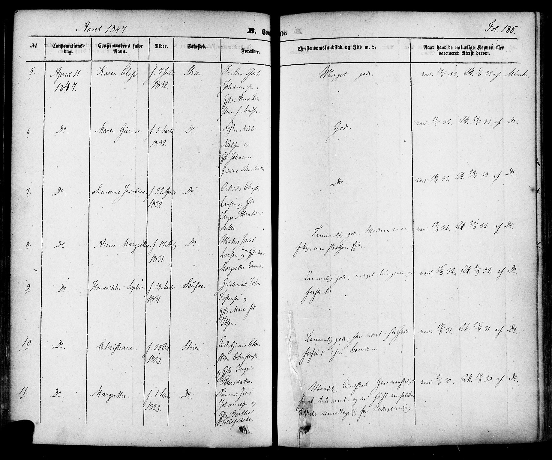 Skien kirkebøker, AV/SAKO-A-302/F/Fa/L0006a: Parish register (official) no. 6A, 1843-1856, p. 185