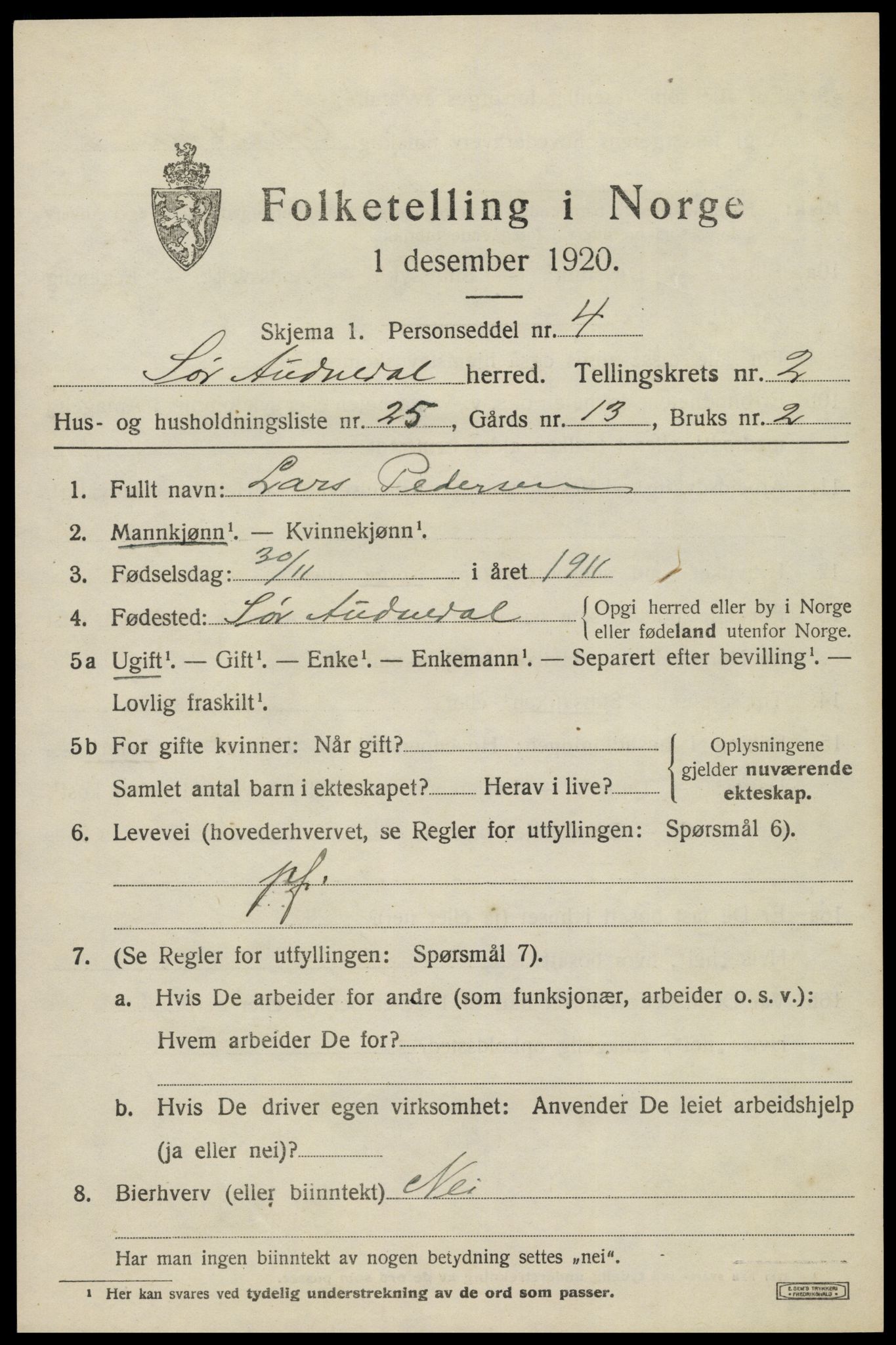 SAK, 1920 census for Sør-Audnedal, 1920, p. 1819