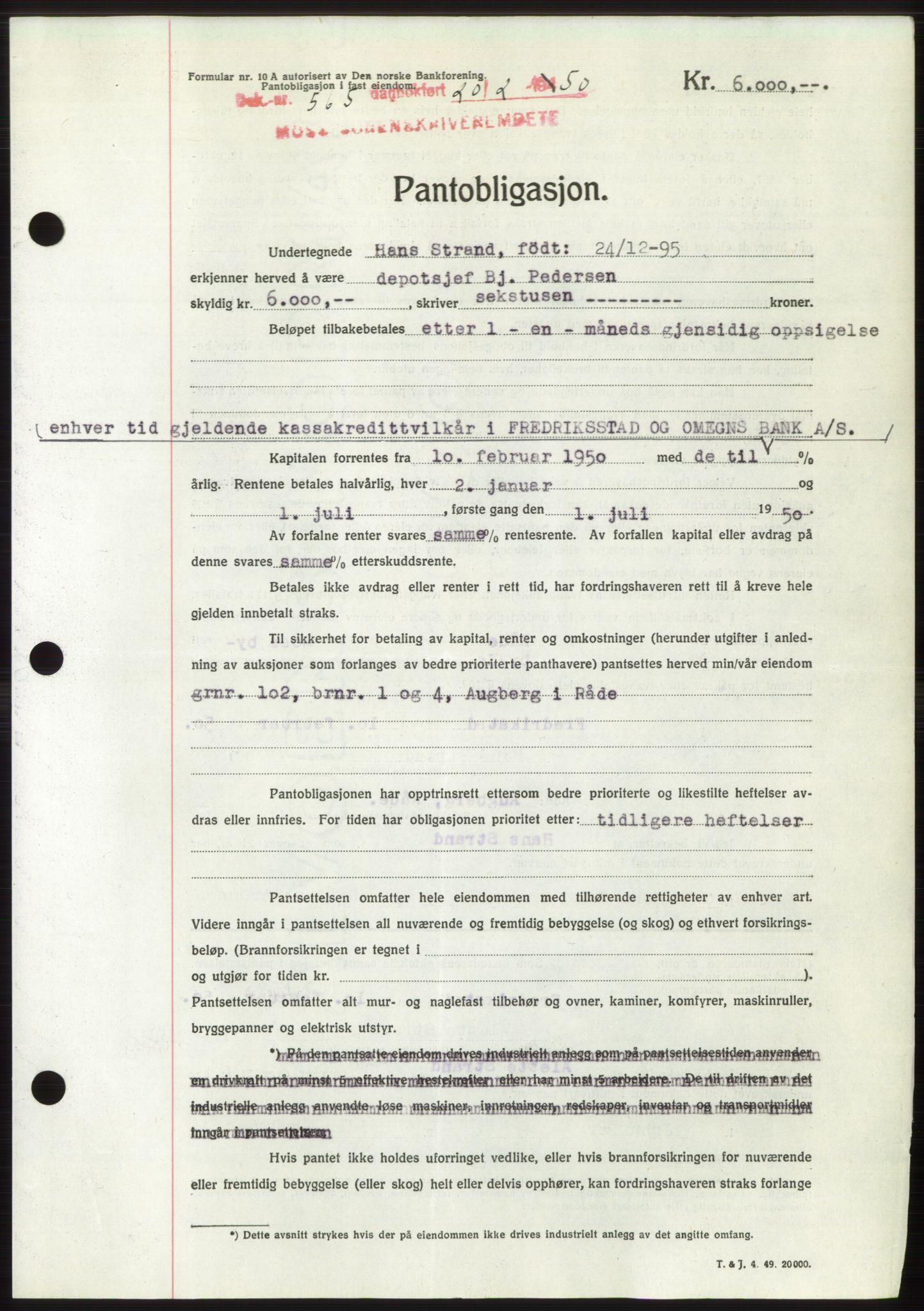 Moss sorenskriveri, SAO/A-10168: Mortgage book no. B23, 1949-1950, Diary no: : 565/1950