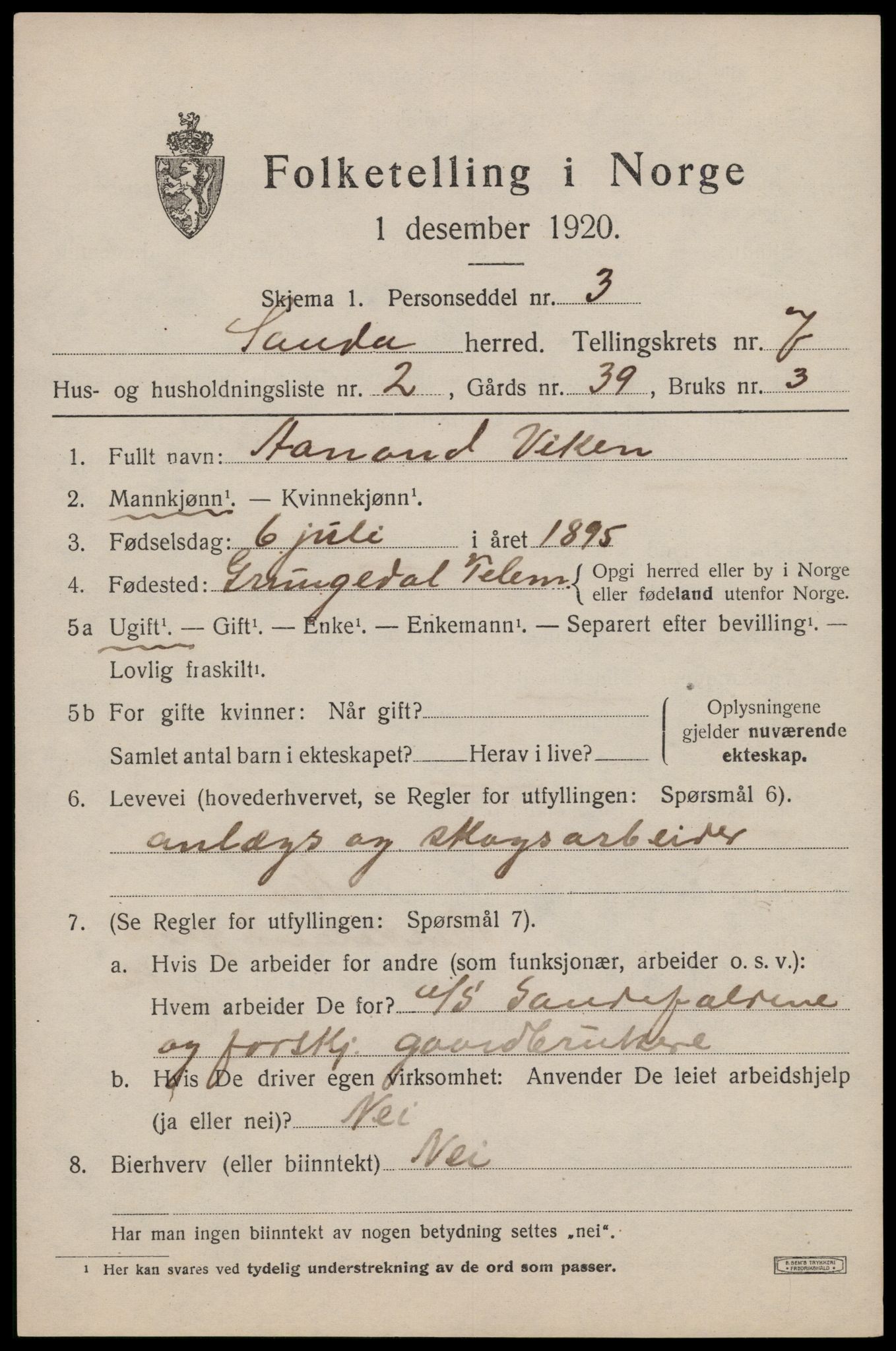 SAST, 1920 census for Sauda, 1920, p. 4108