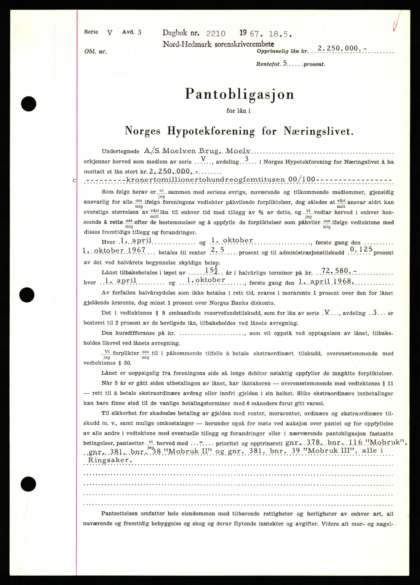 Nord-Hedmark sorenskriveri, SAH/TING-012/H/Hb/Hbf/L0071: Mortgage book no. B71, 1967-1967, Diary no: : 2210/1967