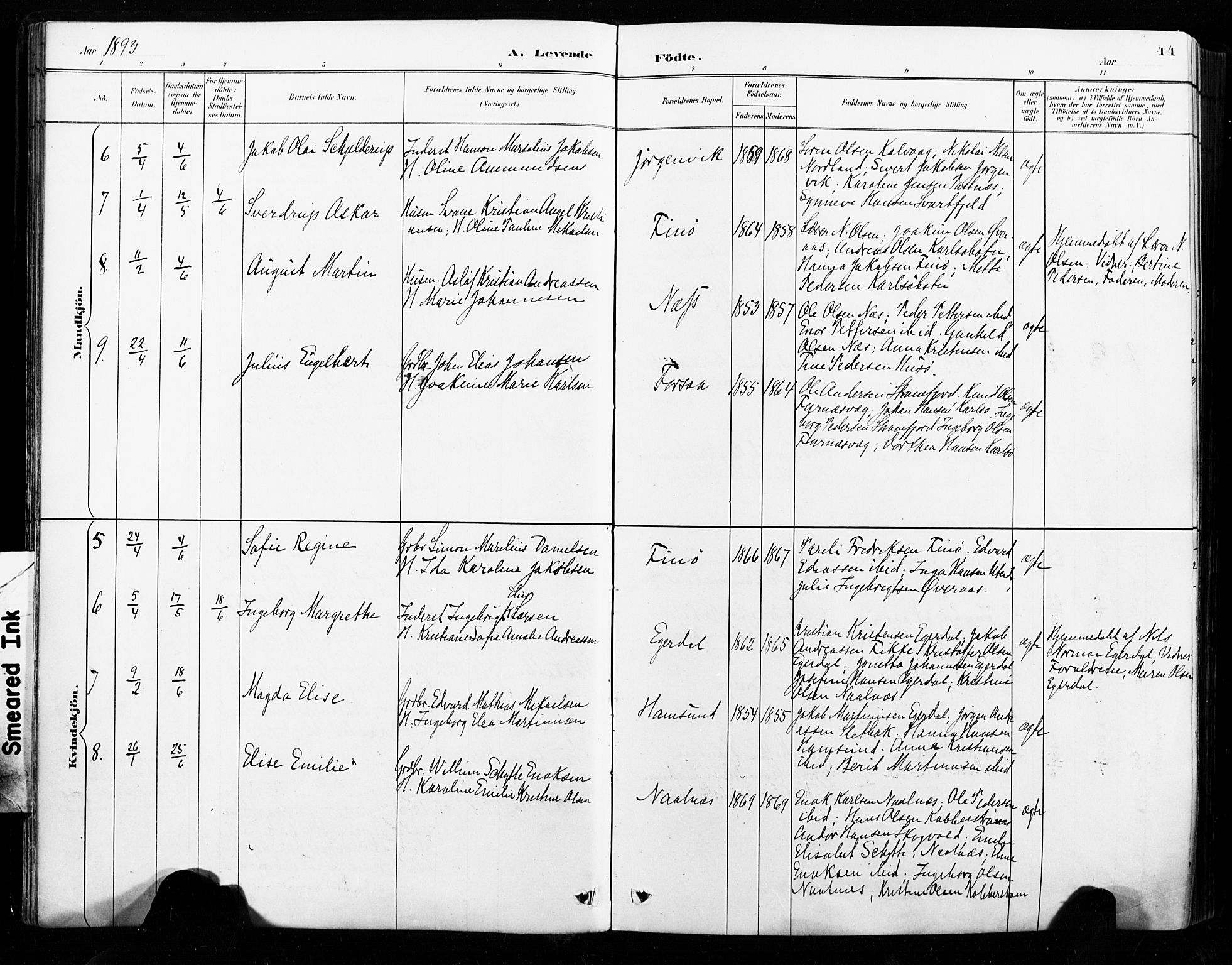 Ministerialprotokoller, klokkerbøker og fødselsregistre - Nordland, AV/SAT-A-1459/859/L0847: Parish register (official) no. 859A07, 1890-1899, p. 44