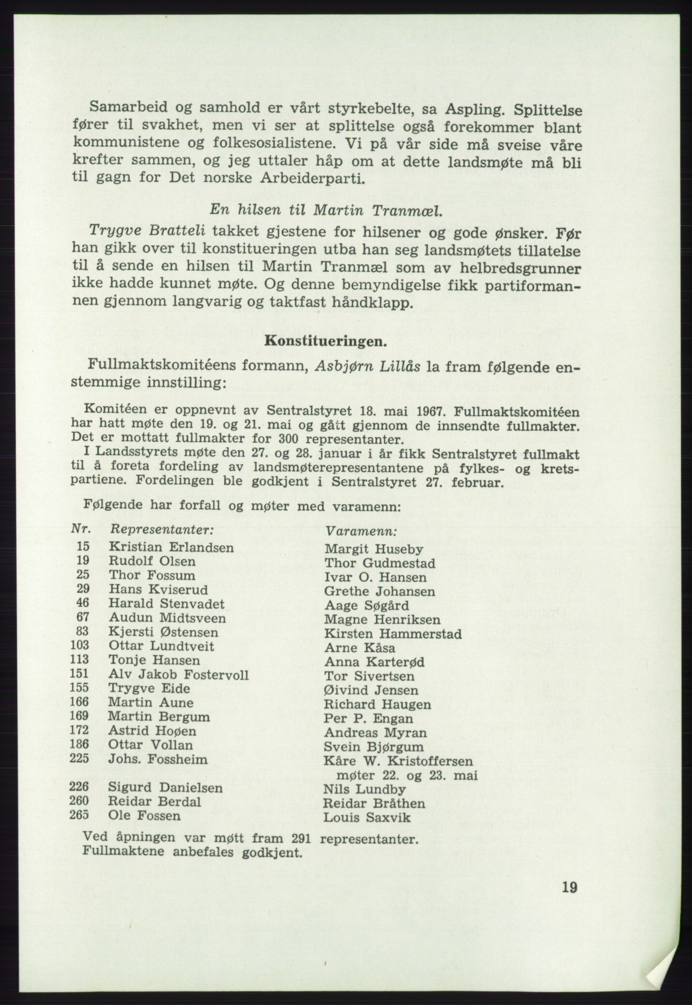 Det norske Arbeiderparti - publikasjoner, AAB/-/-/-: Protokoll over forhandlingene på det 41. ordinære landsmøte 21.-23. mai 1967 i Oslo, 1967, p. 19