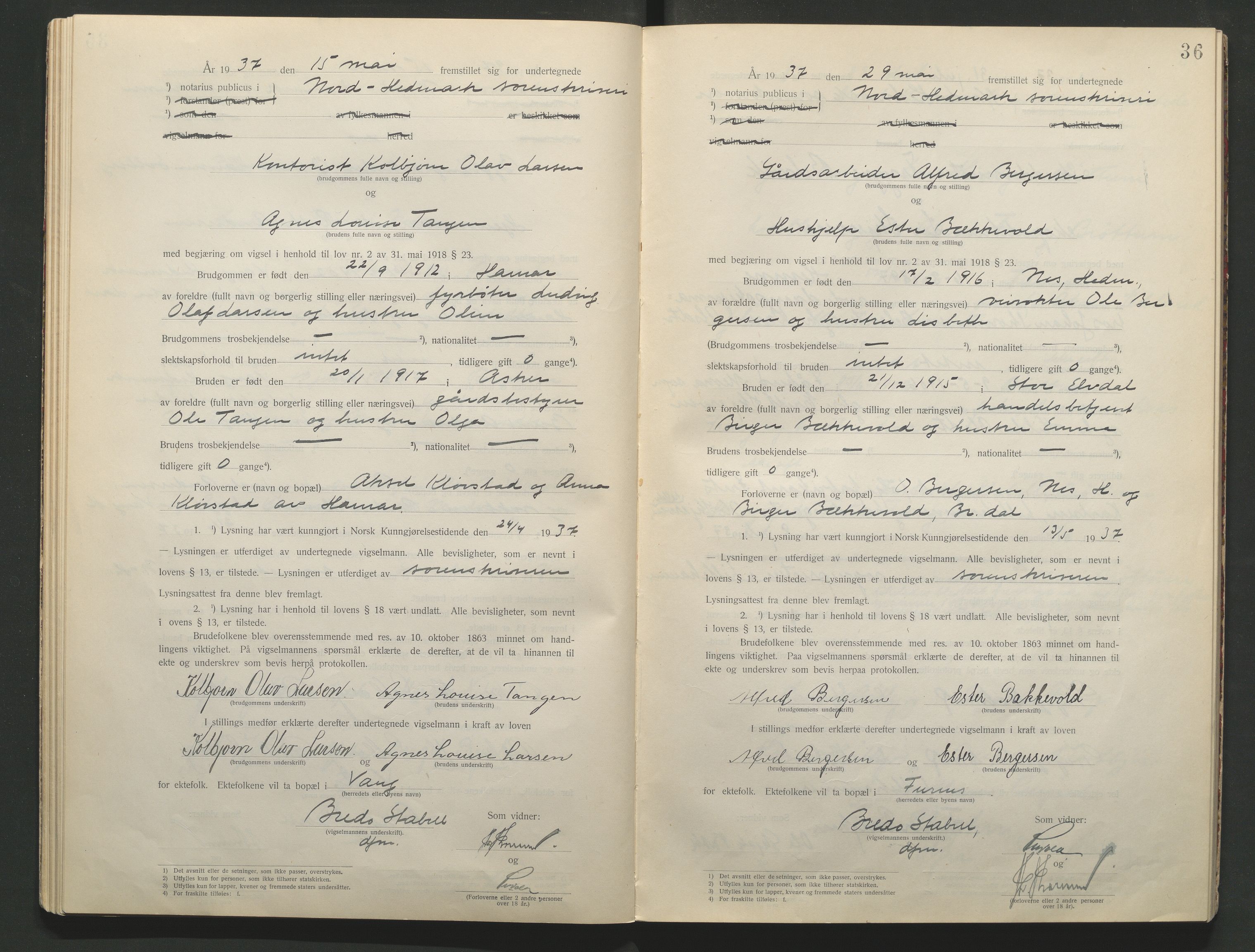 Nord-Hedmark sorenskriveri, AV/SAH-TING-012/L/Lc/L0001/0001: Vigselsprotokoller / Vigselsprotokoll, 1920-1942, p. 36