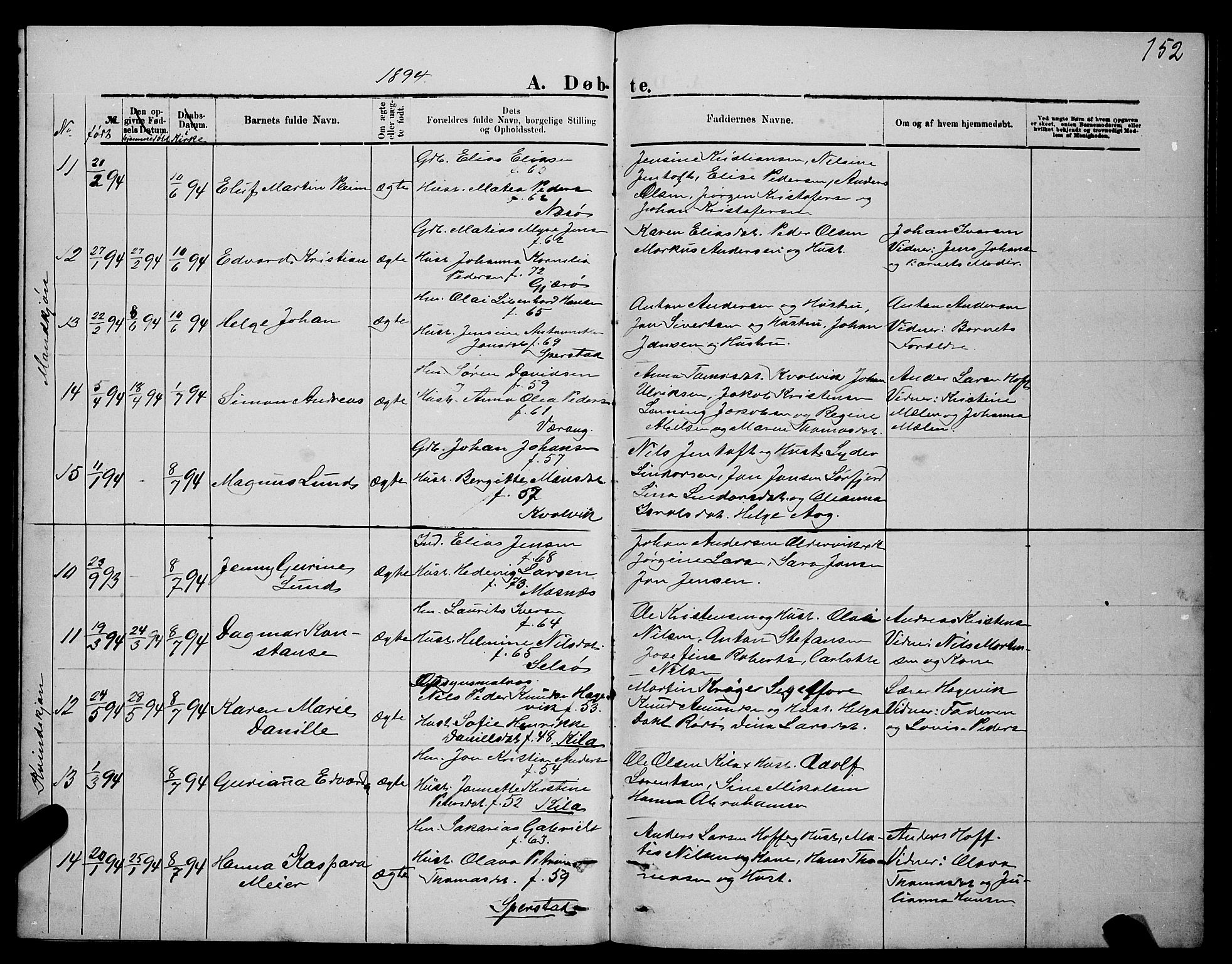 Ministerialprotokoller, klokkerbøker og fødselsregistre - Nordland, AV/SAT-A-1459/841/L0620: Parish register (copy) no. 841C04, 1877-1896, p. 152