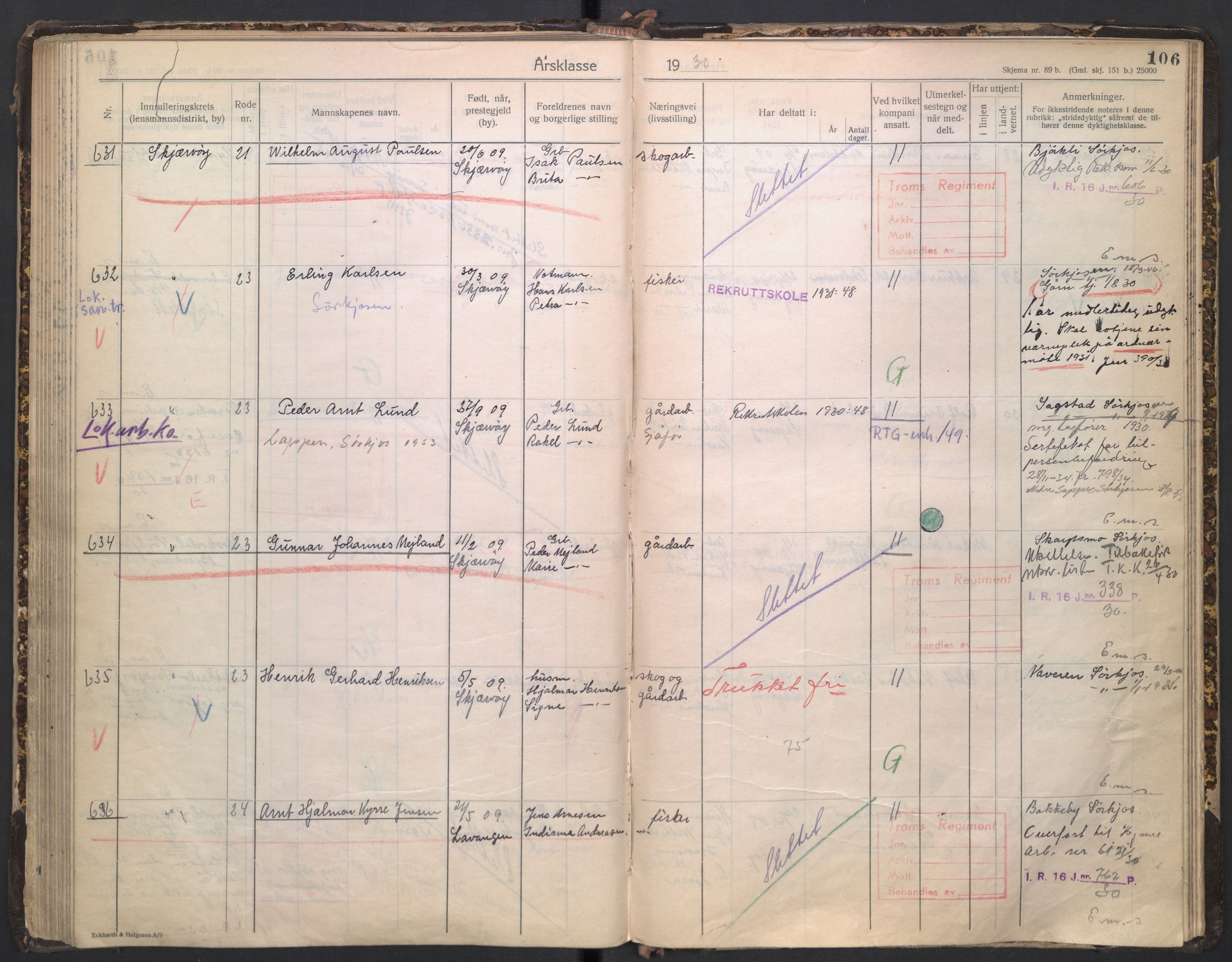 Forsvaret, Troms infanteriregiment nr. 16, AV/RA-RAFA-3146/P/Pa/L0005/0003: Ruller / Rulle for regimentets stridende menige mannskaper, årsklasse 1930, 1930, p. 106