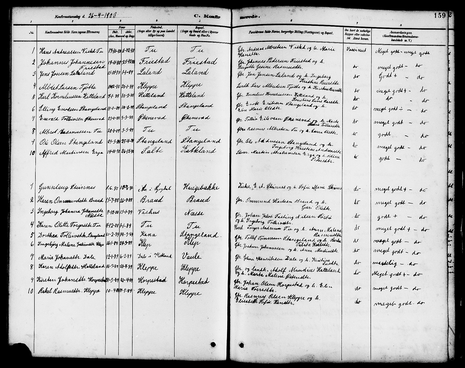 Klepp sokneprestkontor, SAST/A-101803/001/3/30BB/L0004: Parish register (copy) no. B 4, 1889-1914, p. 159