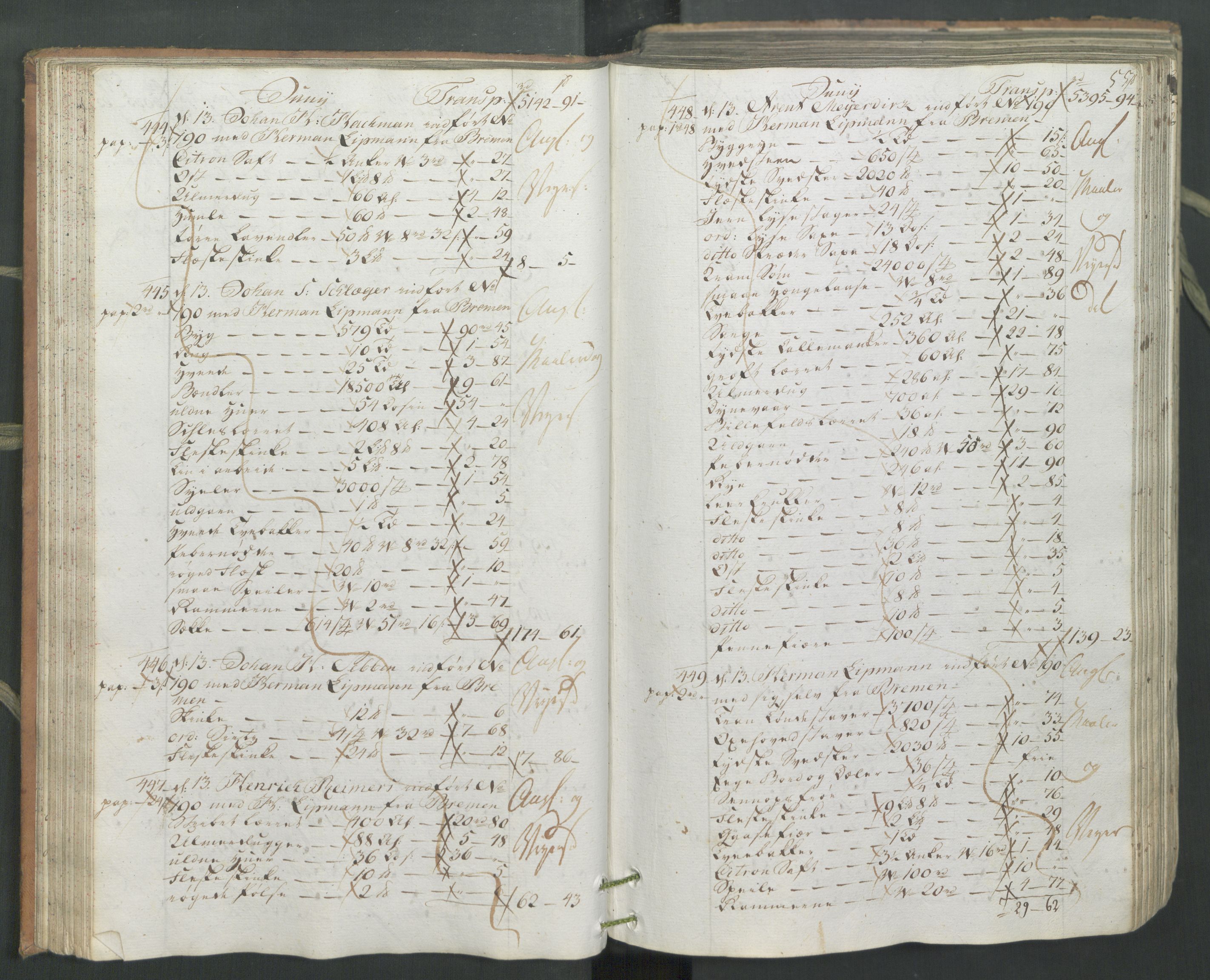 Generaltollkammeret, tollregnskaper, AV/RA-EA-5490/R26/L0222/0001: Tollregnskaper Bergen A / Inngående hovedtollbok, 1786, p. 54b-55a