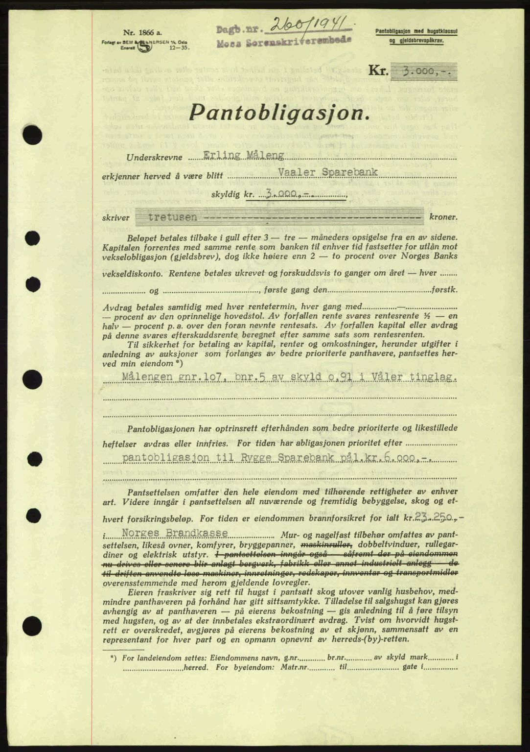 Moss sorenskriveri, SAO/A-10168: Mortgage book no. B10, 1940-1941, Diary no: : 260/1941