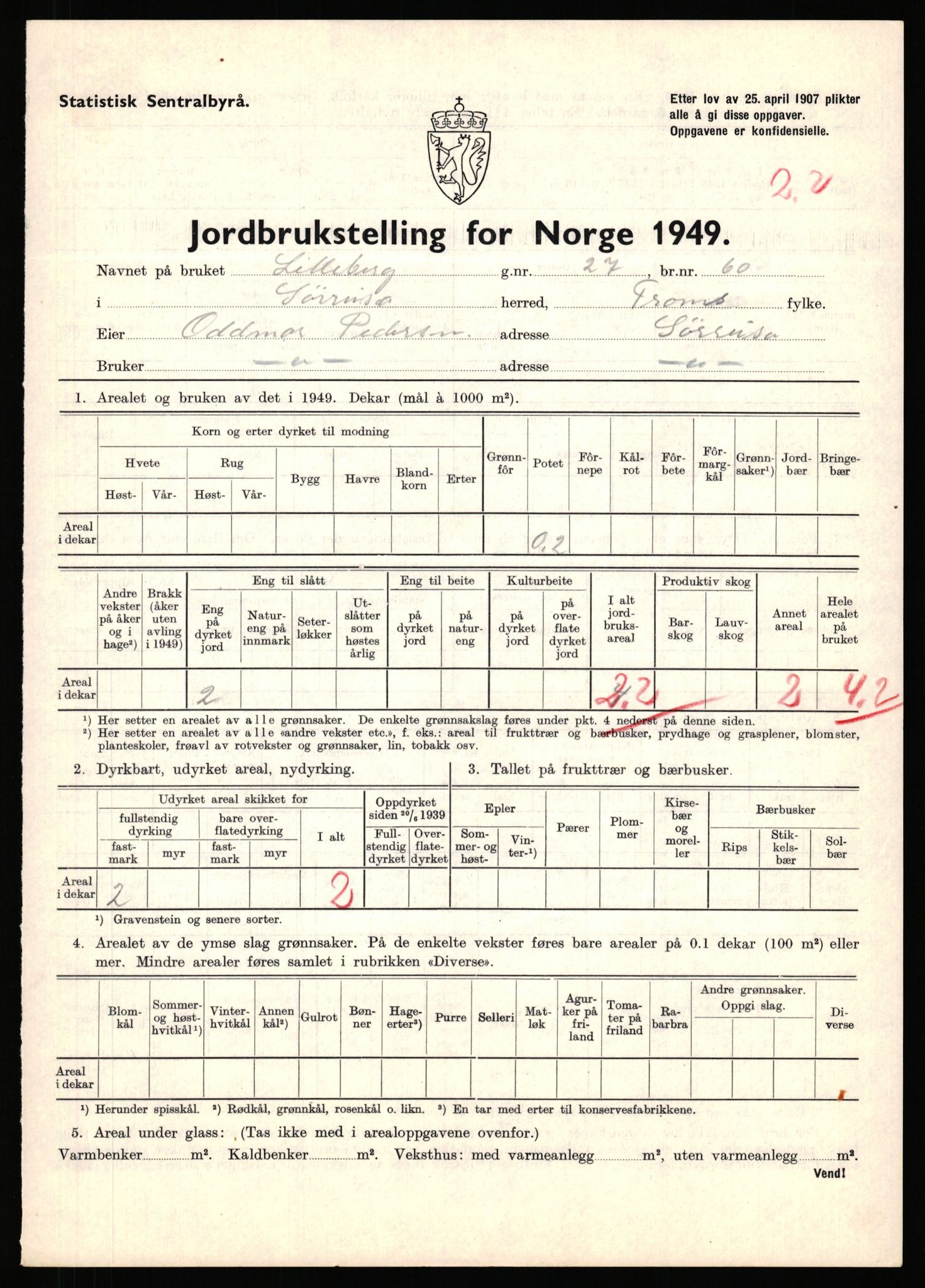 Statistisk sentralbyrå, Næringsøkonomiske emner, Jordbruk, skogbruk, jakt, fiske og fangst, AV/RA-S-2234/G/Gc/L0440: Troms: Sørreisa og Dyrøy, 1949, p. 41