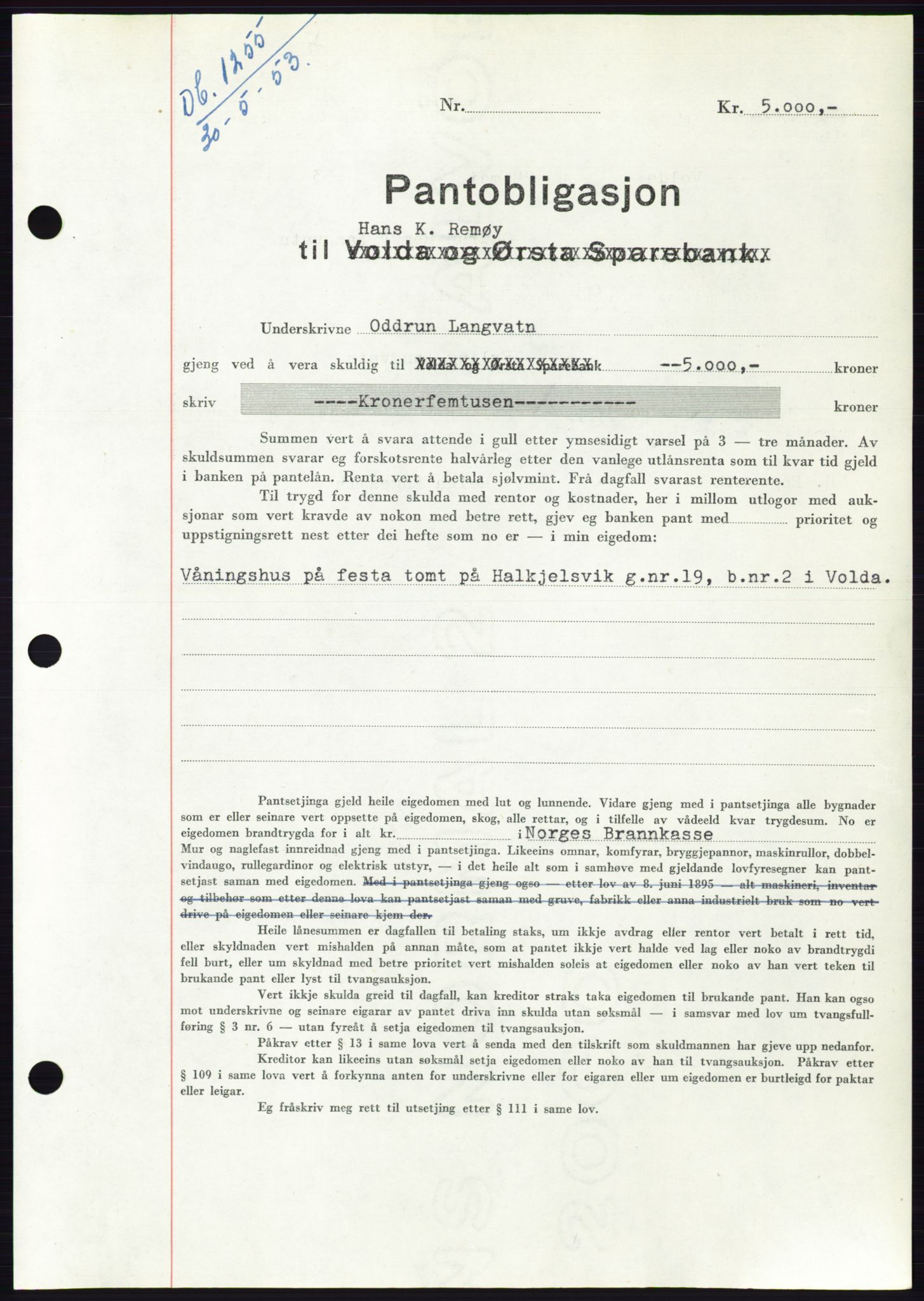 Søre Sunnmøre sorenskriveri, SAT/A-4122/1/2/2C/L0123: Mortgage book no. 11B, 1953-1953, Diary no: : 1255/1953