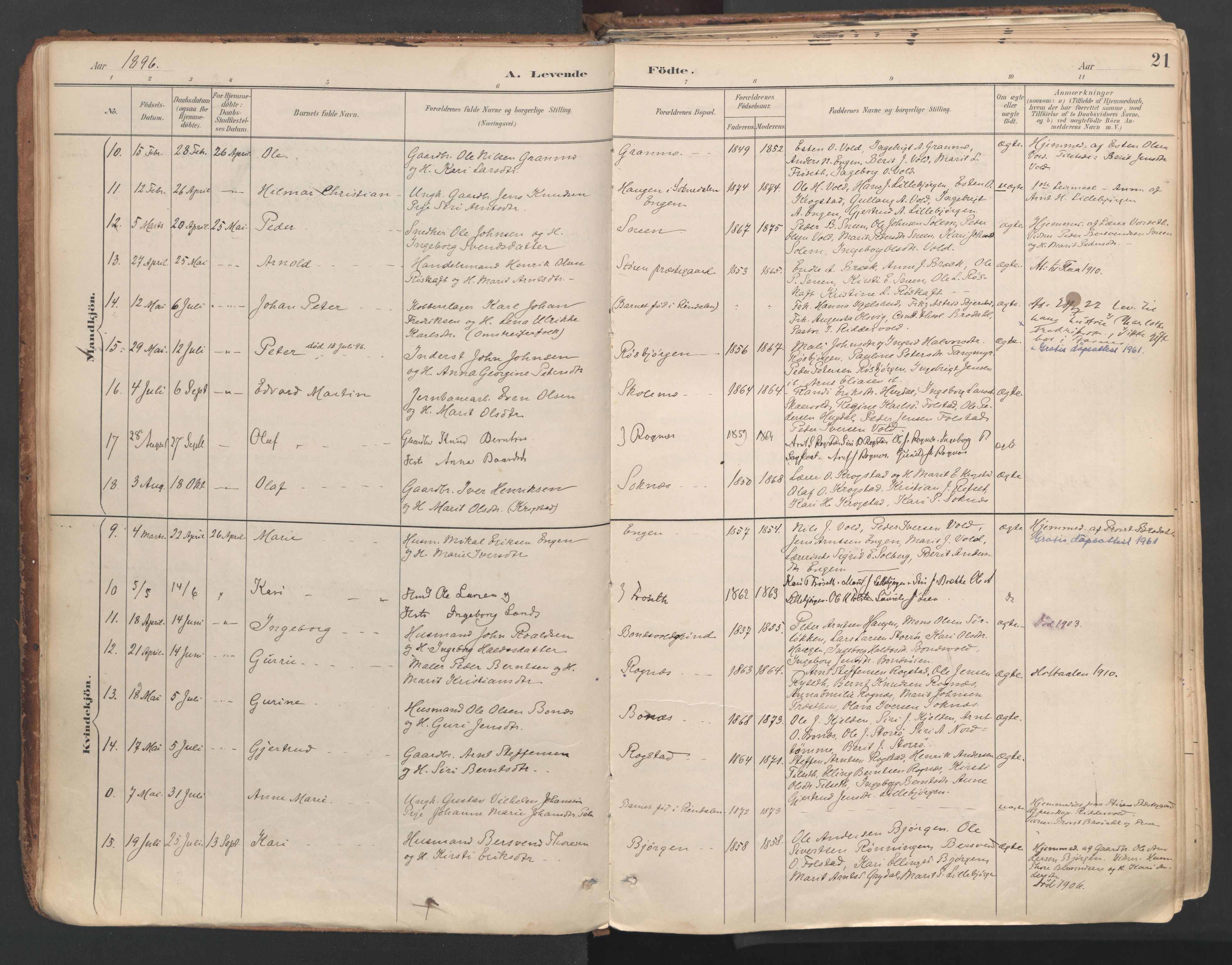Ministerialprotokoller, klokkerbøker og fødselsregistre - Sør-Trøndelag, SAT/A-1456/687/L1004: Parish register (official) no. 687A10, 1891-1923, p. 21