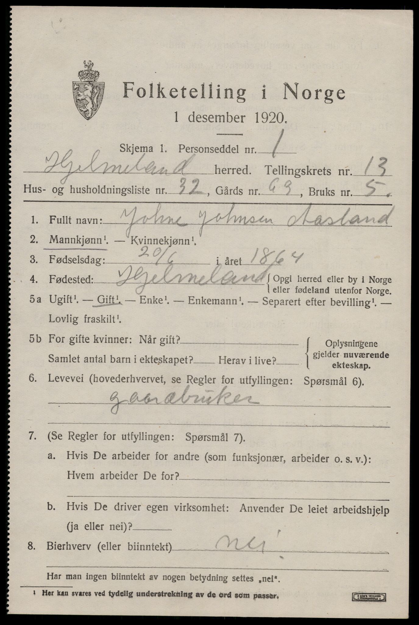 SAST, 1920 census for Hjelmeland, 1920, p. 4415