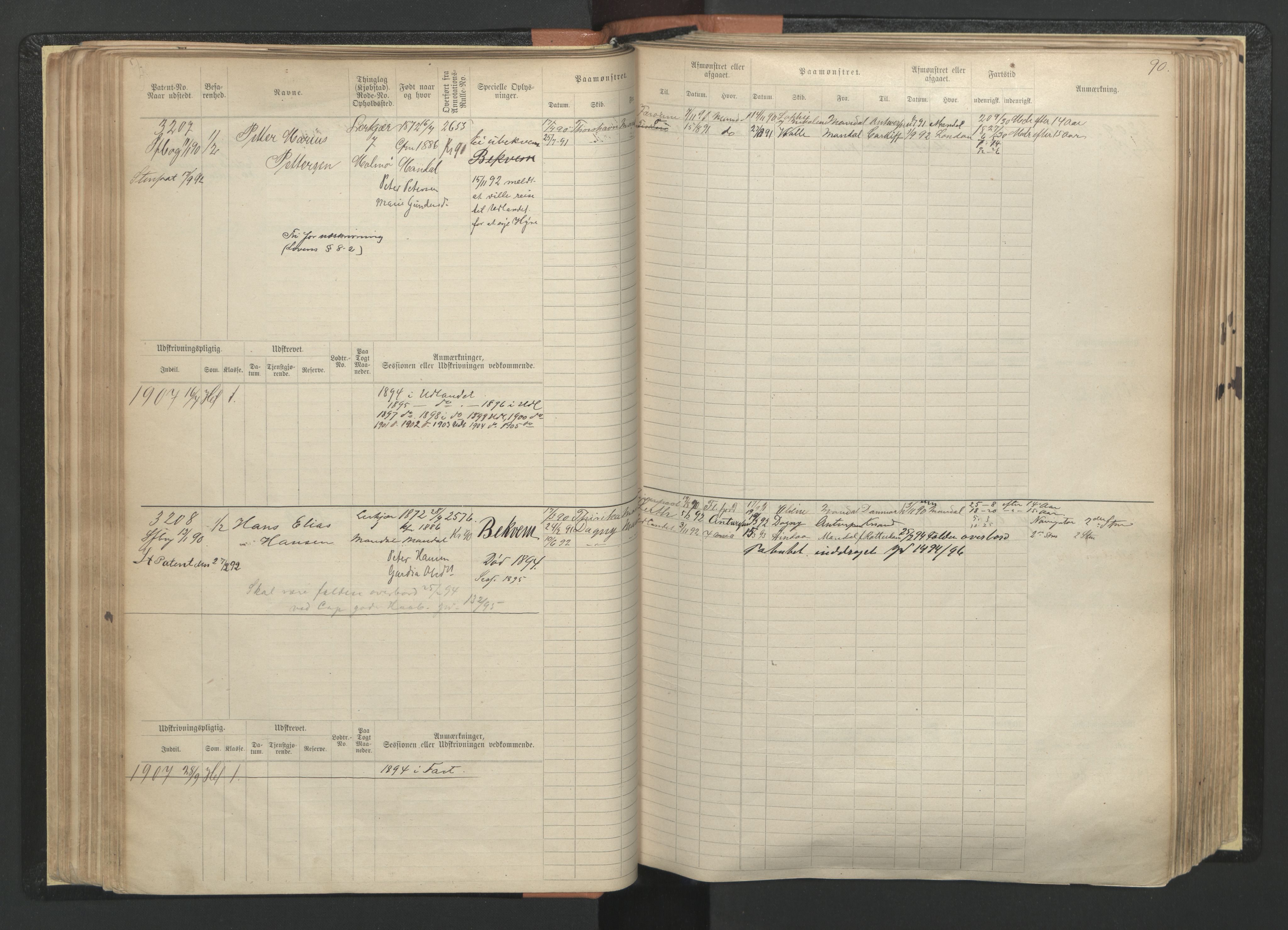 Mandal mønstringskrets, AV/SAK-2031-0016/F/Fb/L0005: Hovedrulle nr 3033-3794, L-10, 1888-1940, p. 92