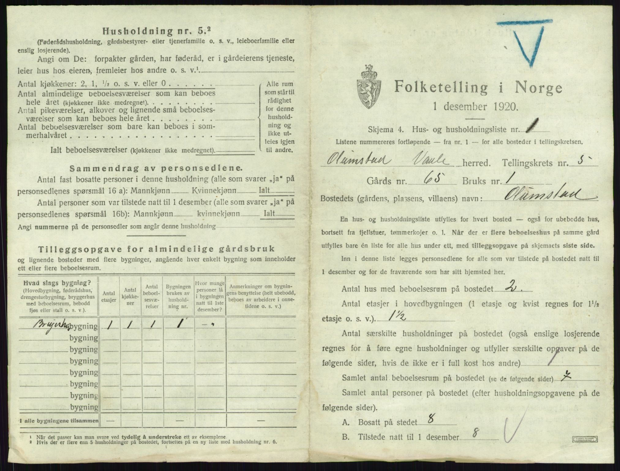 SAKO, 1920 census for Våle, 1920, p. 505