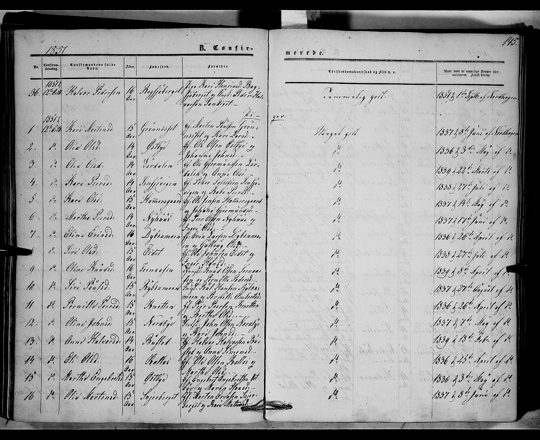 Trysil prestekontor, SAH/PREST-046/H/Ha/Haa/L0005: Parish register (official) no. 5, 1851-1865, p. 145