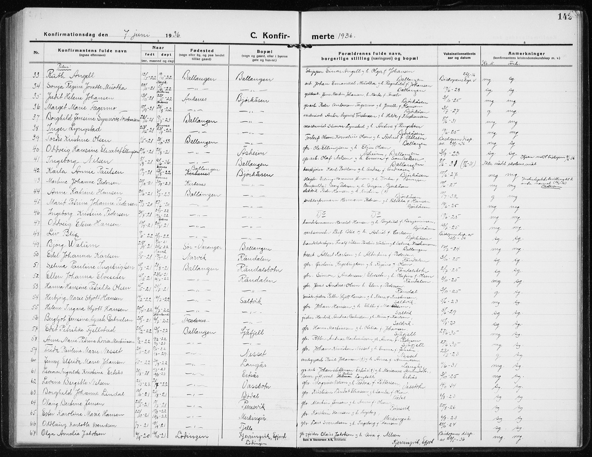 Ministerialprotokoller, klokkerbøker og fødselsregistre - Nordland, AV/SAT-A-1459/869/L0975: Parish register (copy) no. 869C01, 1923-1939, p. 142