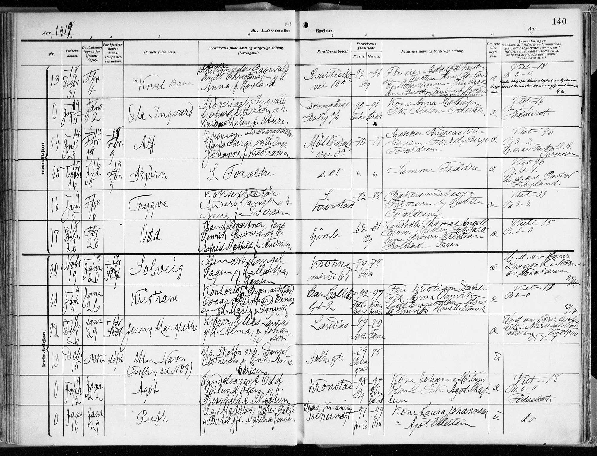 Årstad Sokneprestembete, AV/SAB-A-79301/H/Haa/L0003: Parish register (official) no. A 3, 1914-1919, p. 140