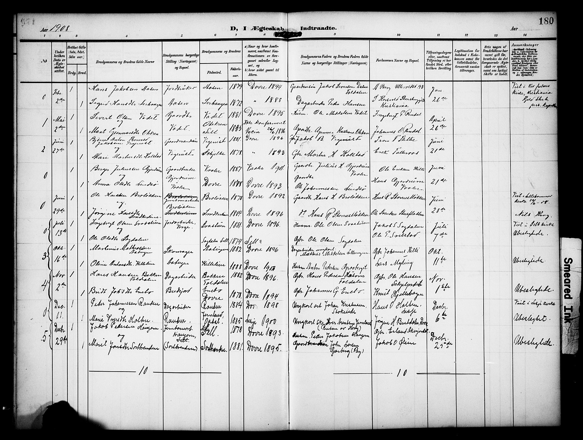 Dovre prestekontor, AV/SAH-PREST-066/H/Ha/Hab/L0003: Parish register (copy) no. 3, 1907-1929, p. 180