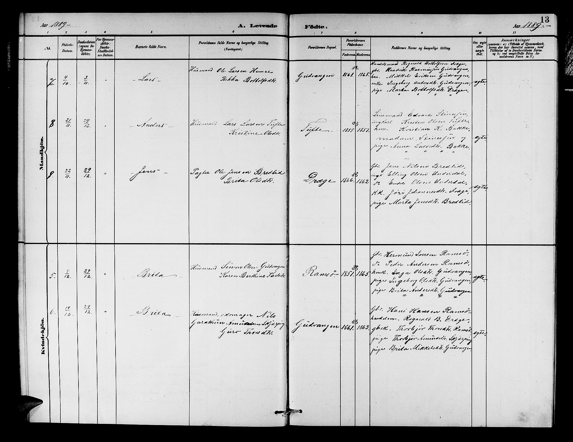 Aurland sokneprestembete, SAB/A-99937/H/Hb/Hbc/L0002: Parish register (copy) no. C 2, 1883-1900, p. 13