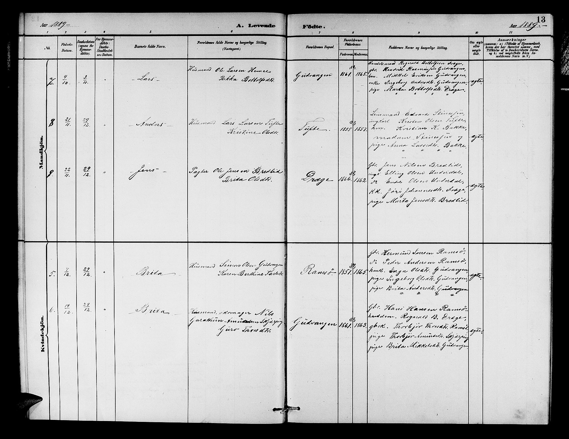 Aurland sokneprestembete, AV/SAB-A-99937/H/Hb/Hbc/L0002: Parish register (copy) no. C 2, 1883-1900, p. 13