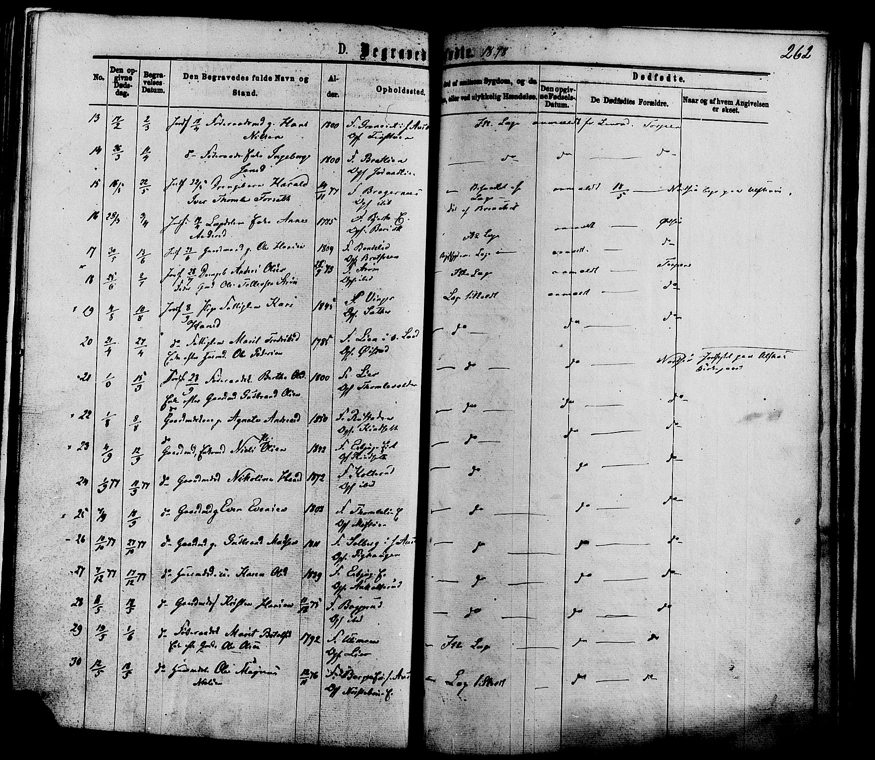 Nordre Land prestekontor, AV/SAH-PREST-124/H/Ha/Haa/L0002: Parish register (official) no. 2, 1872-1881, p. 262