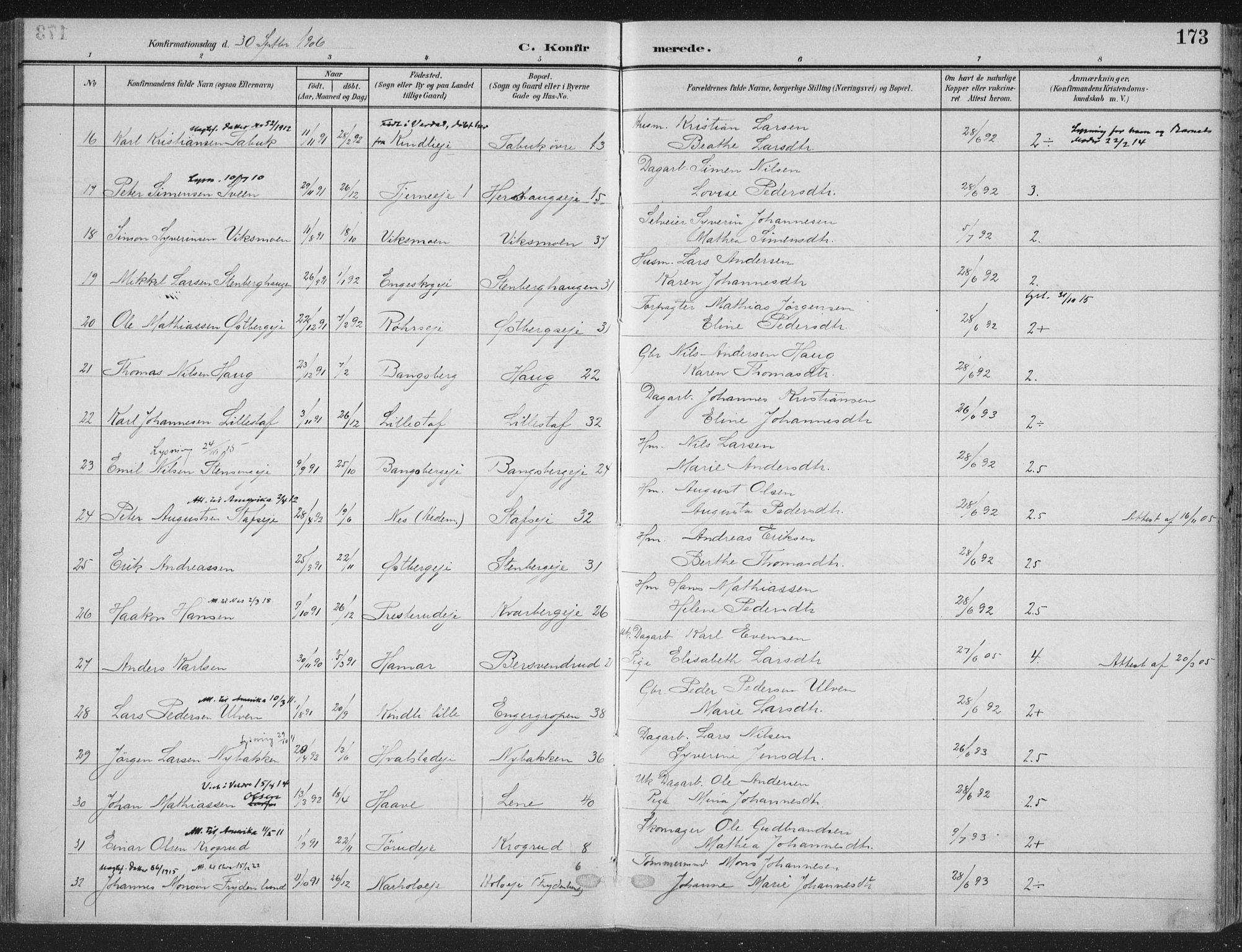 Ringsaker prestekontor, AV/SAH-PREST-014/K/Ka/L0018: Parish register (official) no. 18, 1903-1912, p. 173