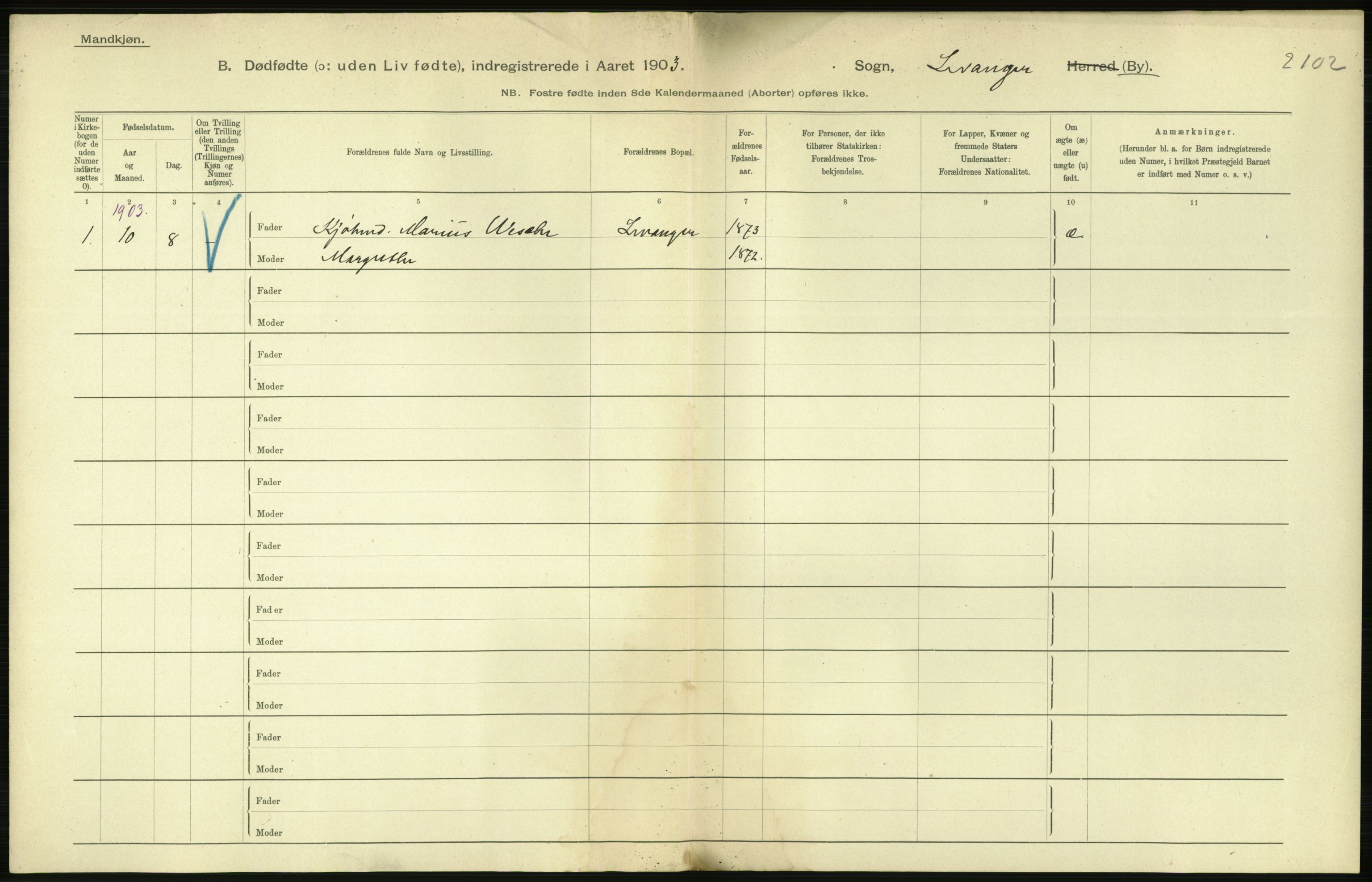 Statistisk sentralbyrå, Sosiodemografiske emner, Befolkning, AV/RA-S-2228/D/Df/Dfa/Dfaa/L0026: Smålenenes - Finnmarkens amt: Dødfødte. Byer., 1903, p. 184