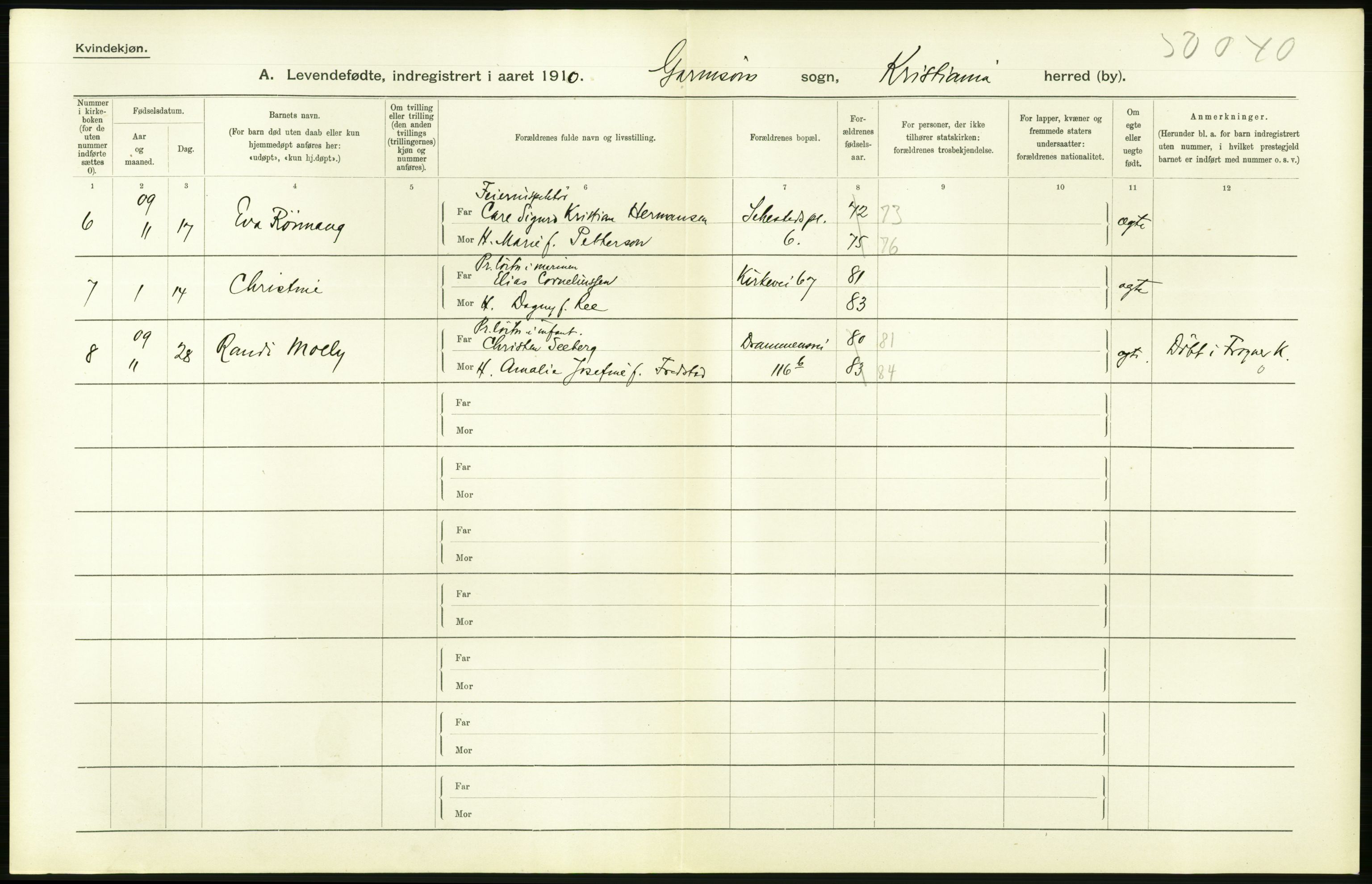 Statistisk sentralbyrå, Sosiodemografiske emner, Befolkning, RA/S-2228/D/Df/Dfa/Dfah/L0007: Kristiania: Levendefødte kvinner., 1910, p. 178