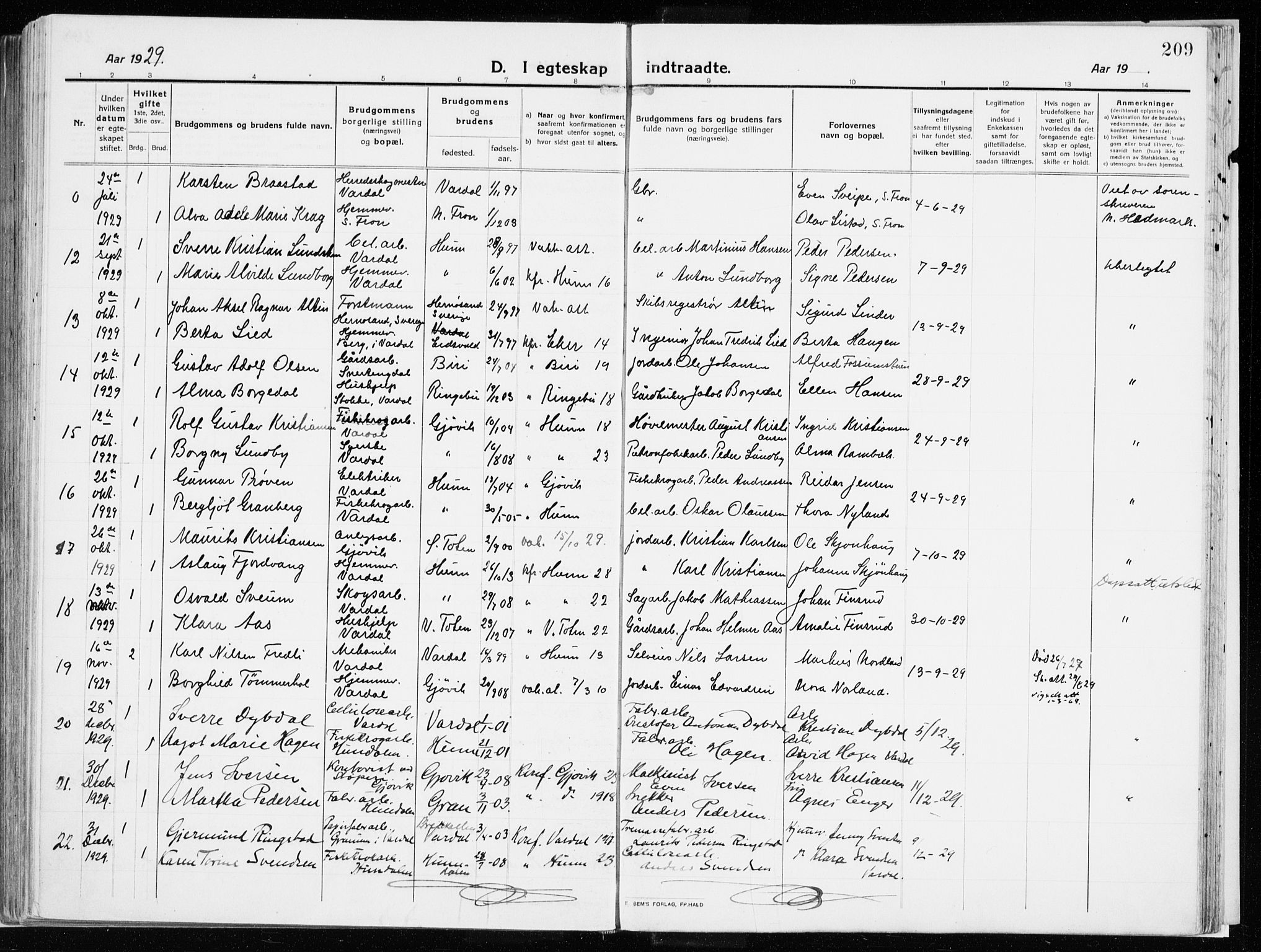 Vardal prestekontor, AV/SAH-PREST-100/H/Ha/Haa/L0017: Parish register (official) no. 17, 1915-1929, p. 209