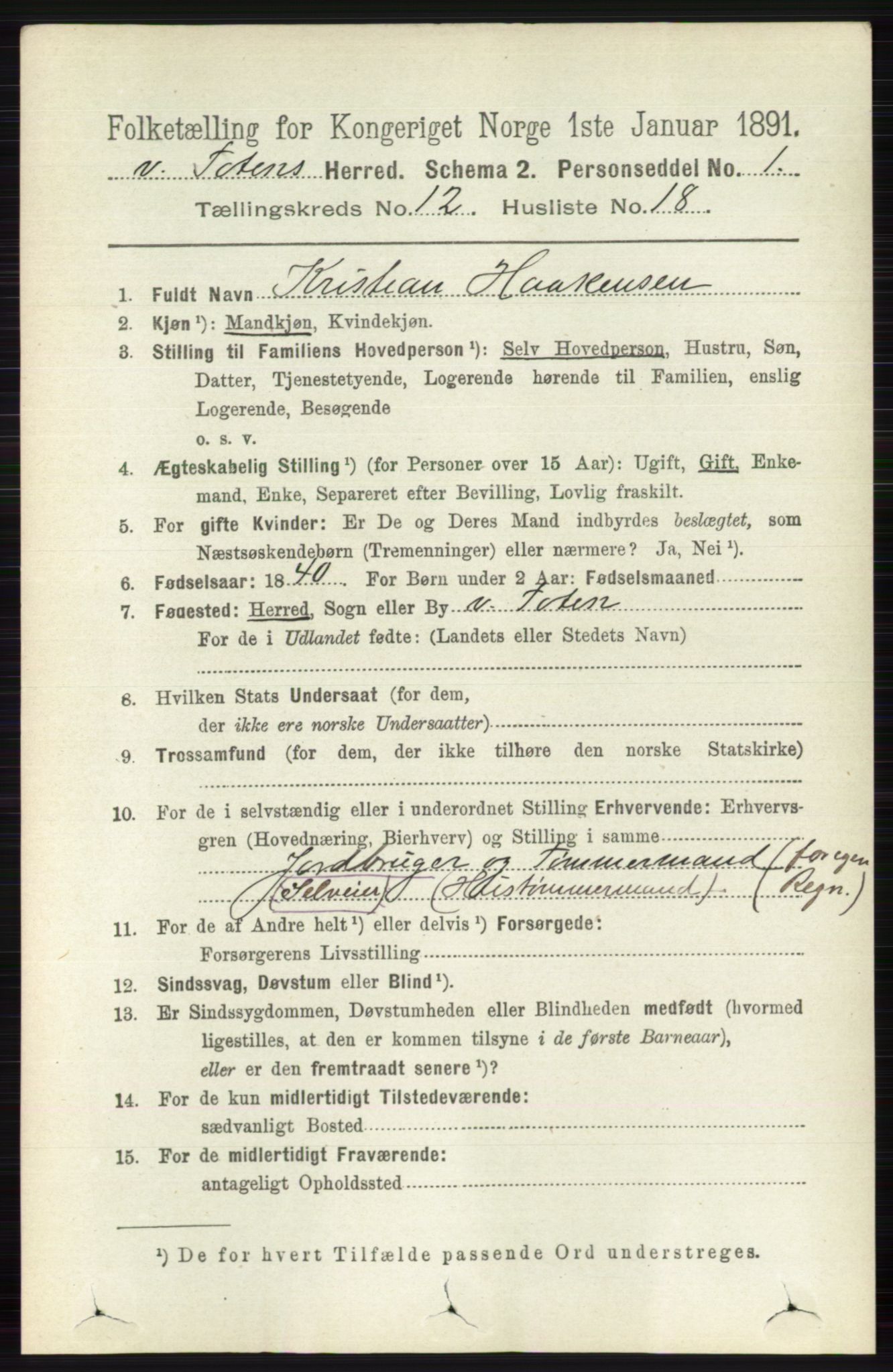 RA, 1891 census for 0529 Vestre Toten, 1891, p. 7385