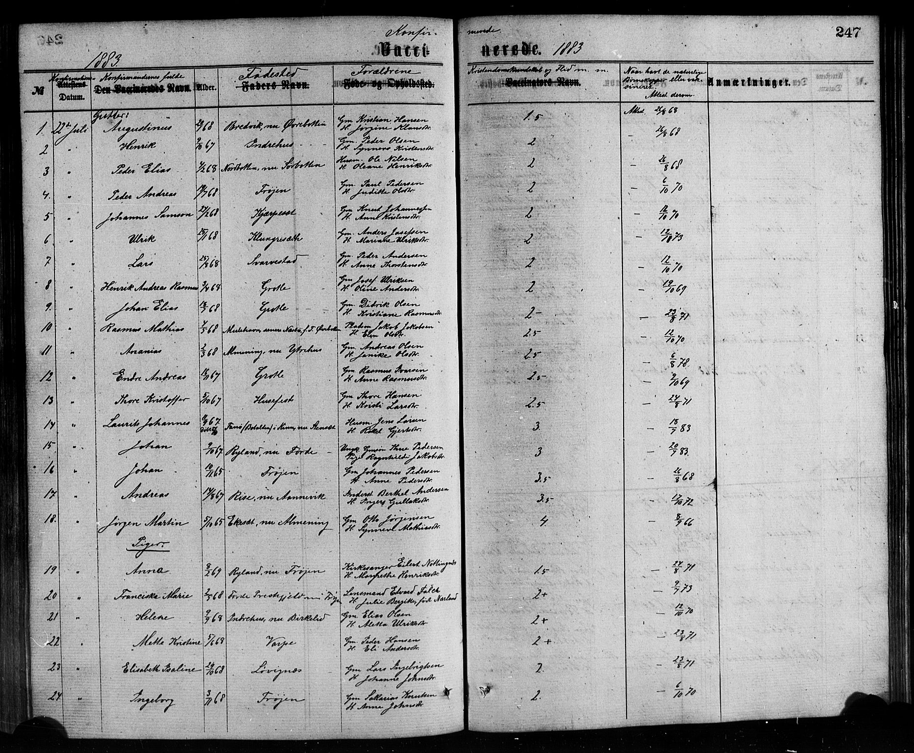 Bremanger sokneprestembete, AV/SAB-A-82201/H/Hab/Haba/L0002: Parish register (copy) no. A 2, 1866-1889, p. 247
