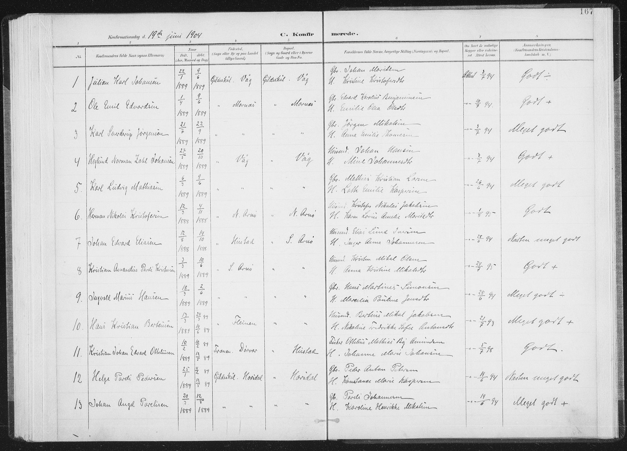 Ministerialprotokoller, klokkerbøker og fødselsregistre - Nordland, AV/SAT-A-1459/805/L0102: Parish register (official) no. 805A08I, 1900-1909, p. 167