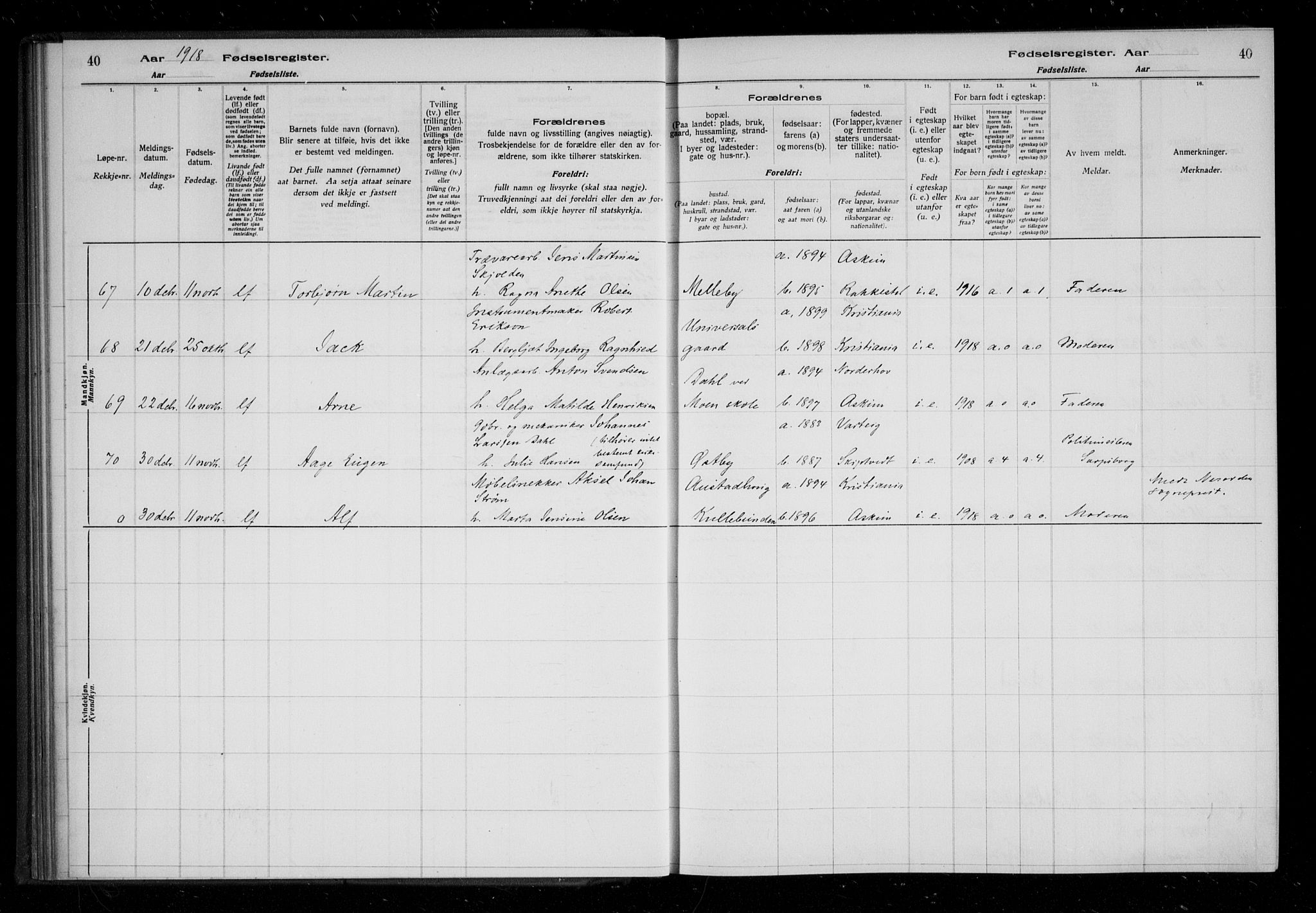 Askim prestekontor Kirkebøker, AV/SAO-A-10900/J/Ja/L0001: Birth register no. 1, 1916-1929, p. 40