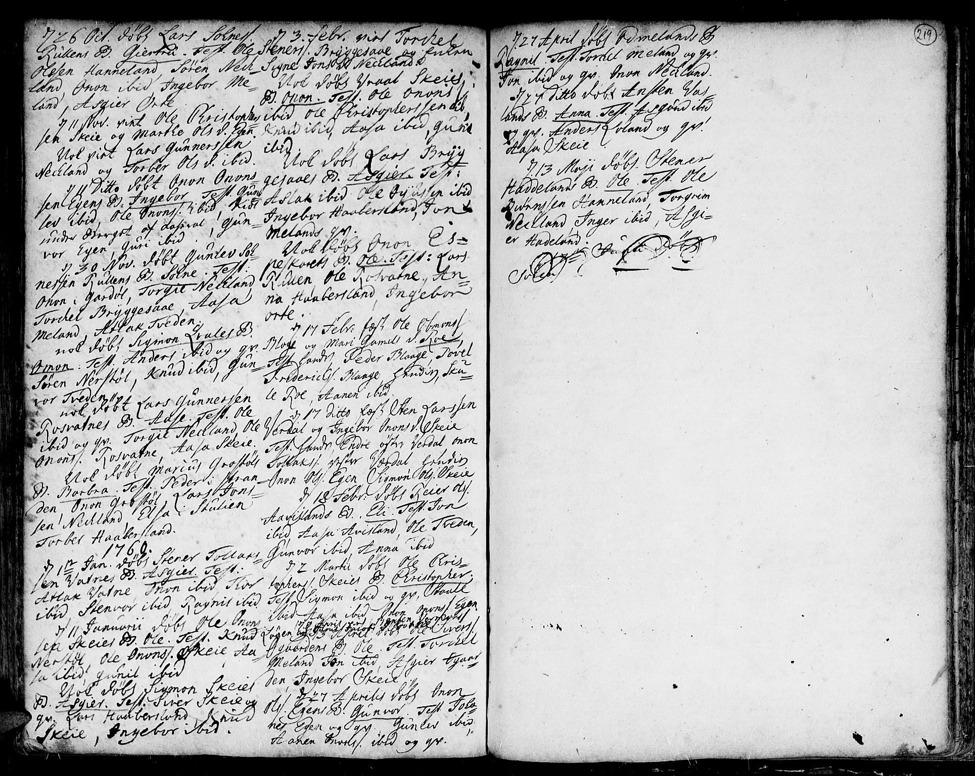 Kvinesdal sokneprestkontor, SAK/1111-0026/F/Fa/Fab/L0001: Parish register (official) no. A 1 /4, 1710-1760, p. 219