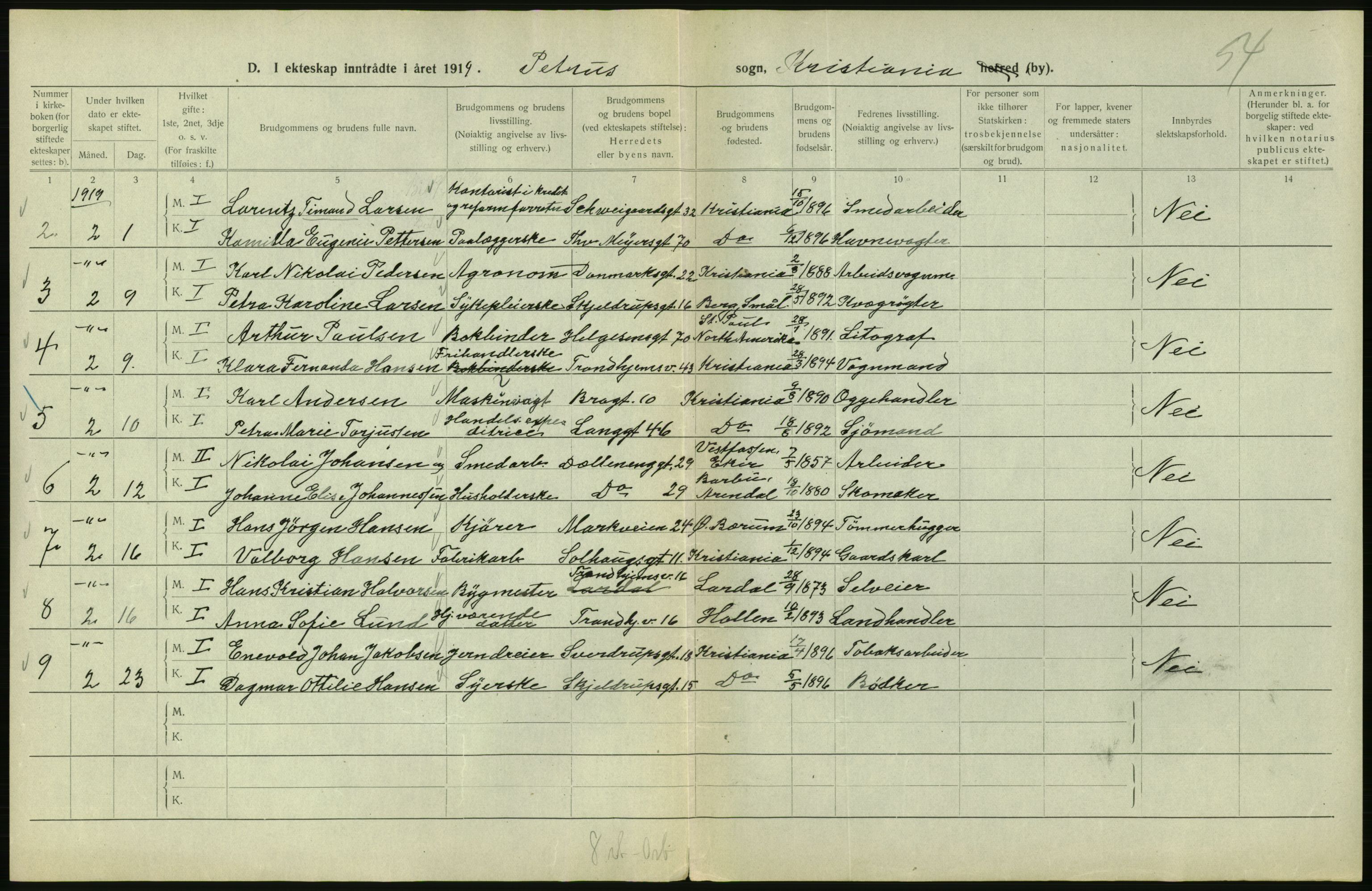 Statistisk sentralbyrå, Sosiodemografiske emner, Befolkning, AV/RA-S-2228/D/Df/Dfb/Dfbi/L0009: Kristiania: Gifte, 1919, p. 422