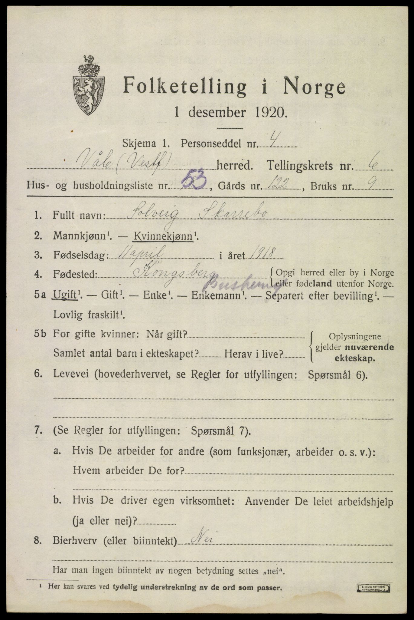 SAKO, 1920 census for Våle, 1920, p. 5490