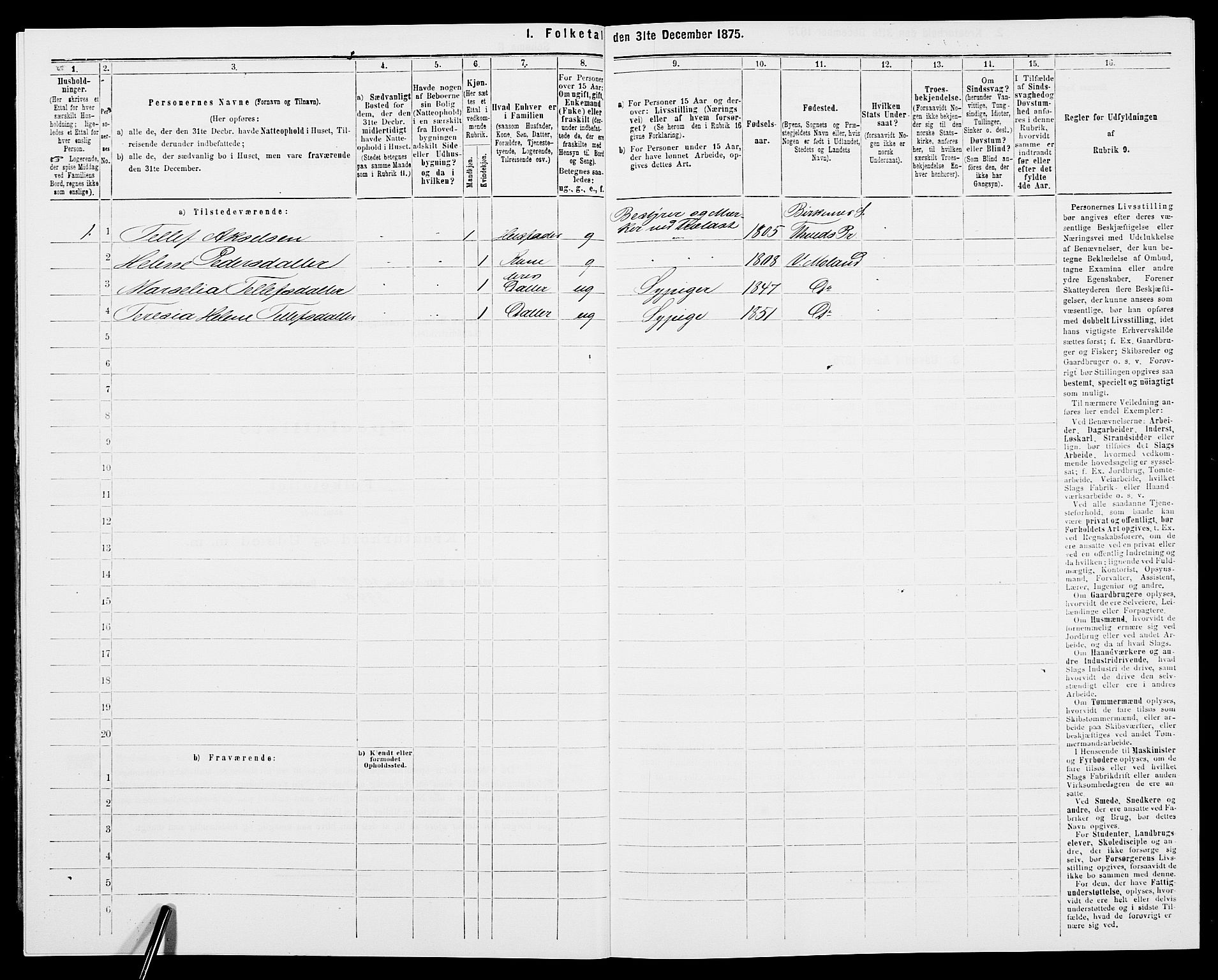 SAK, 1875 census for 0926L Vestre Moland/Vestre Moland, 1875, p. 397