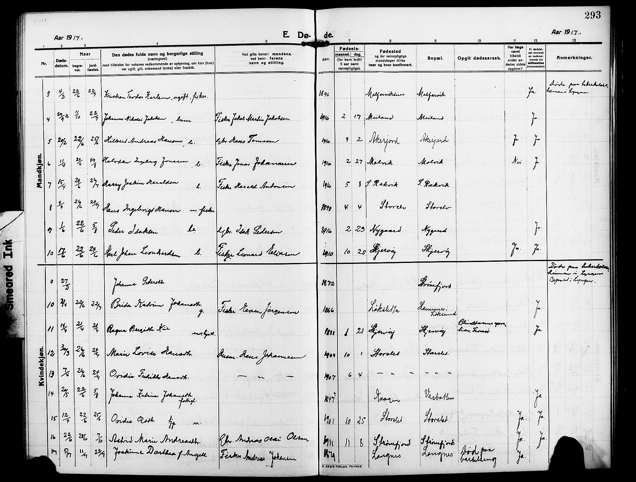 Skjervøy sokneprestkontor, AV/SATØ-S-1300/H/Ha/Hab/L0009klokker: Parish register (copy) no. 9, 1911-1926, p. 293