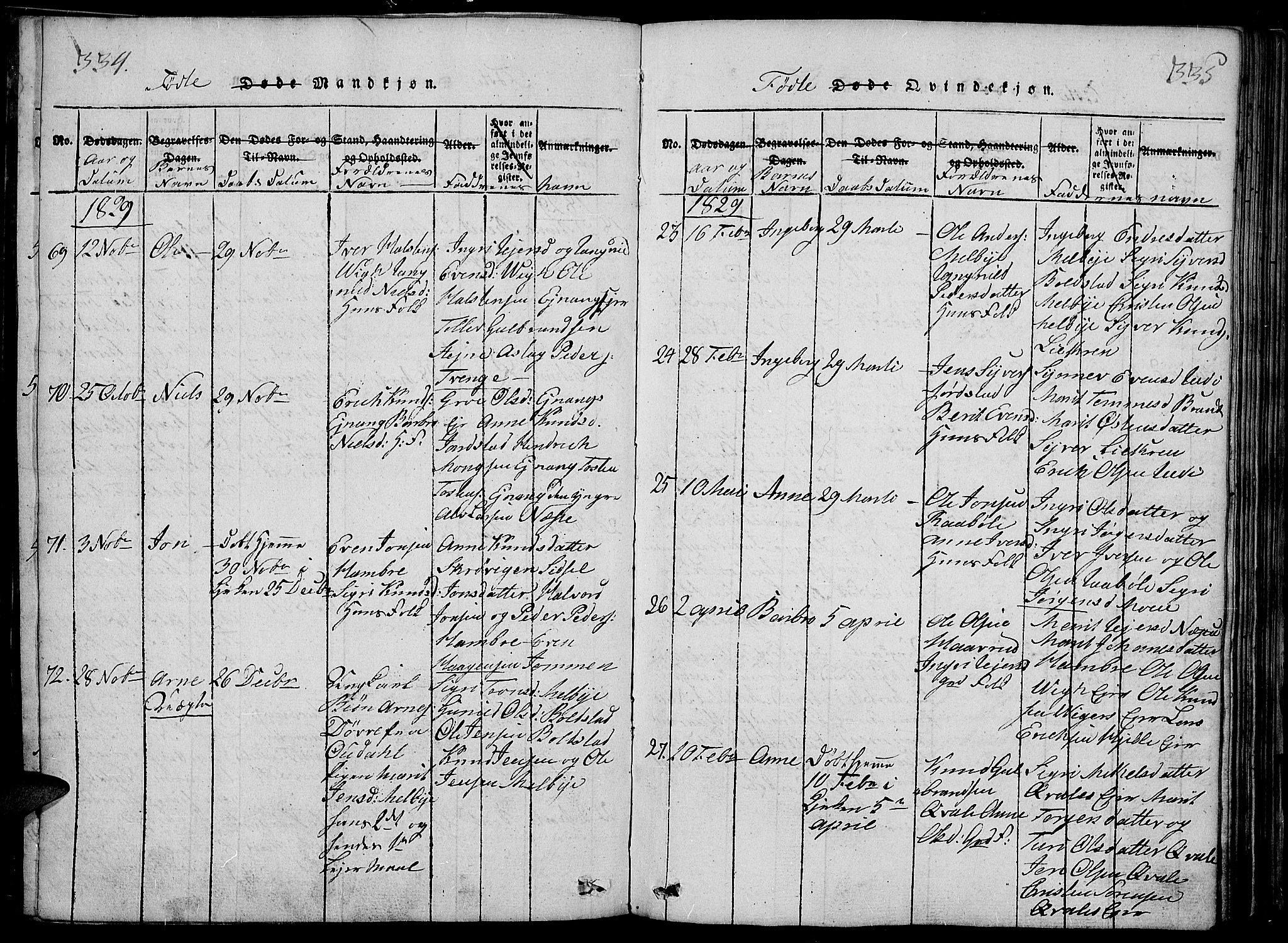 Slidre prestekontor, SAH/PREST-134/H/Ha/Haa/L0002: Parish register (official) no. 2, 1814-1830, p. 334-335