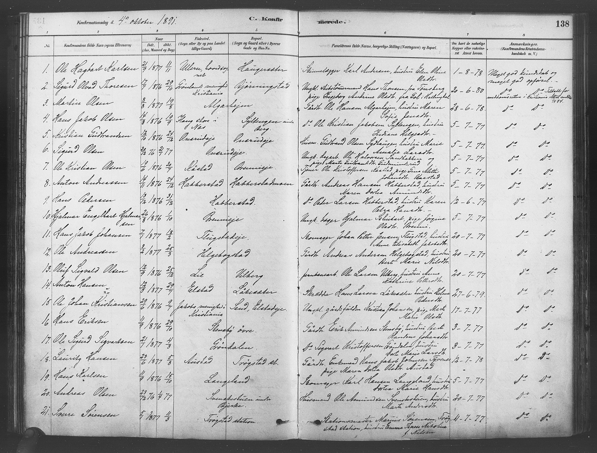 Ullensaker prestekontor Kirkebøker, SAO/A-10236a/F/Fb/L0001: Parish register (official) no. II 1, 1878-1893, p. 138