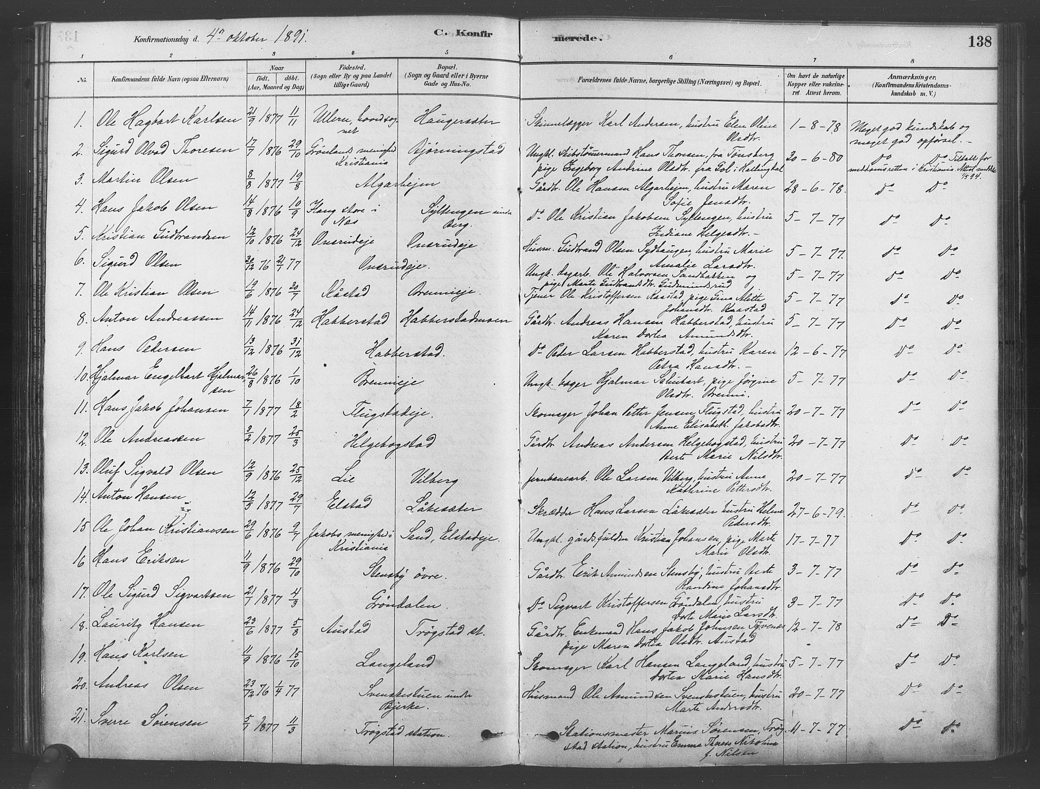 Ullensaker prestekontor Kirkebøker, AV/SAO-A-10236a/F/Fb/L0001: Parish register (official) no. II 1, 1878-1893, p. 138