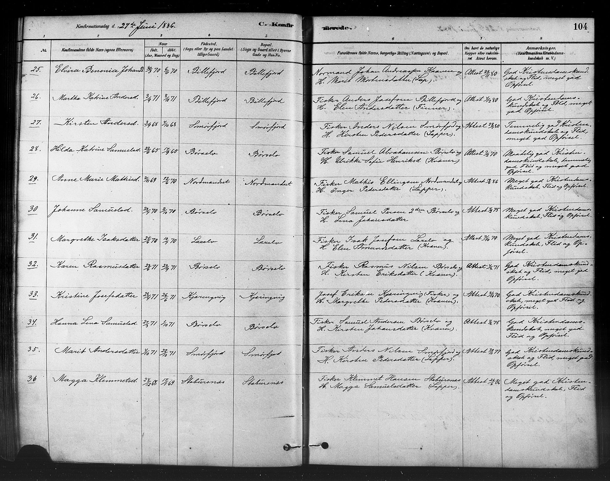 Kistrand/Porsanger sokneprestembete, AV/SATØ-S-1351/H/Ha/L0007.kirke: Parish register (official) no. 7, 1881-1889, p. 104