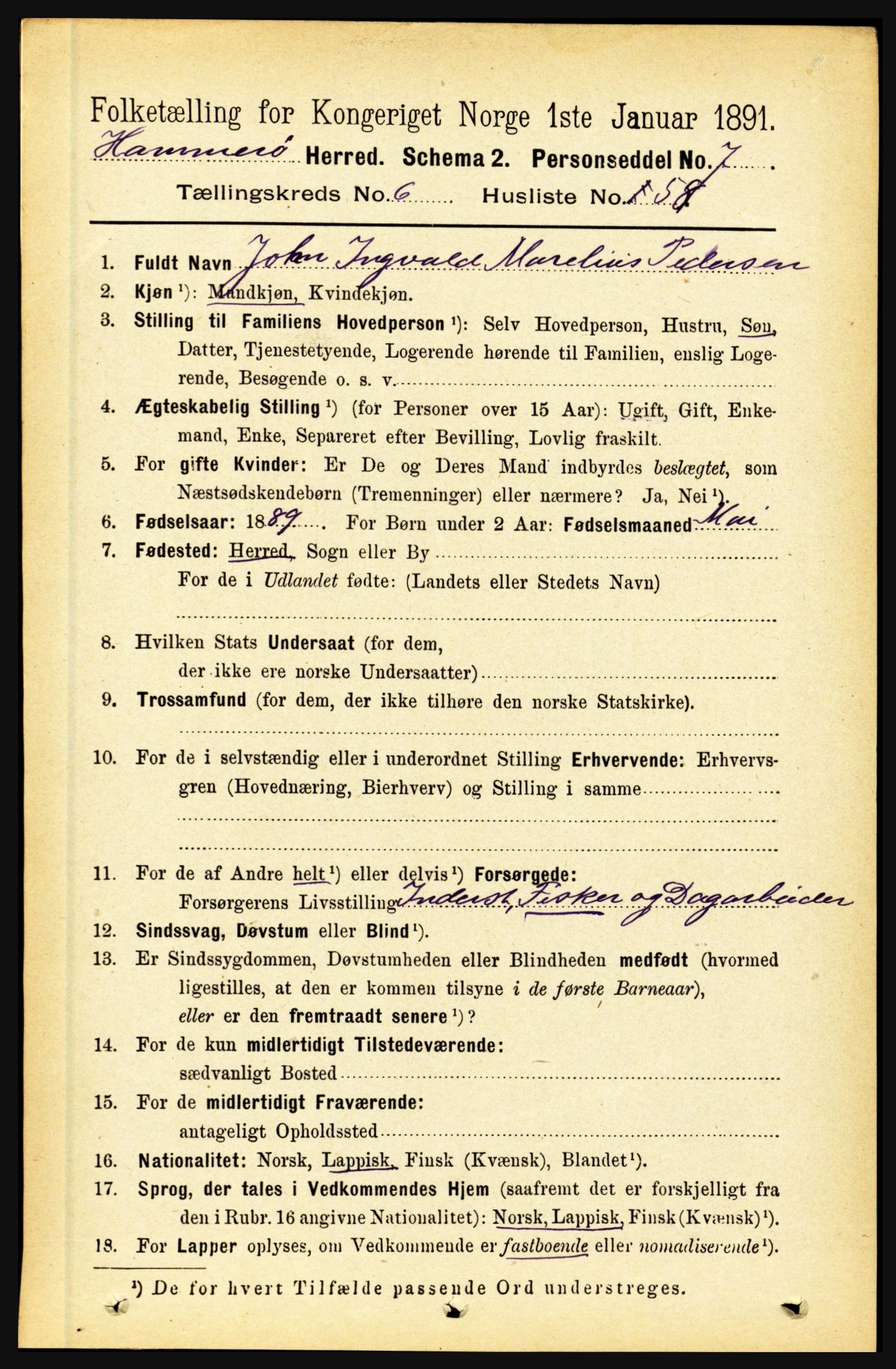 RA, 1891 census for 1849 Hamarøy, 1891, p. 3353