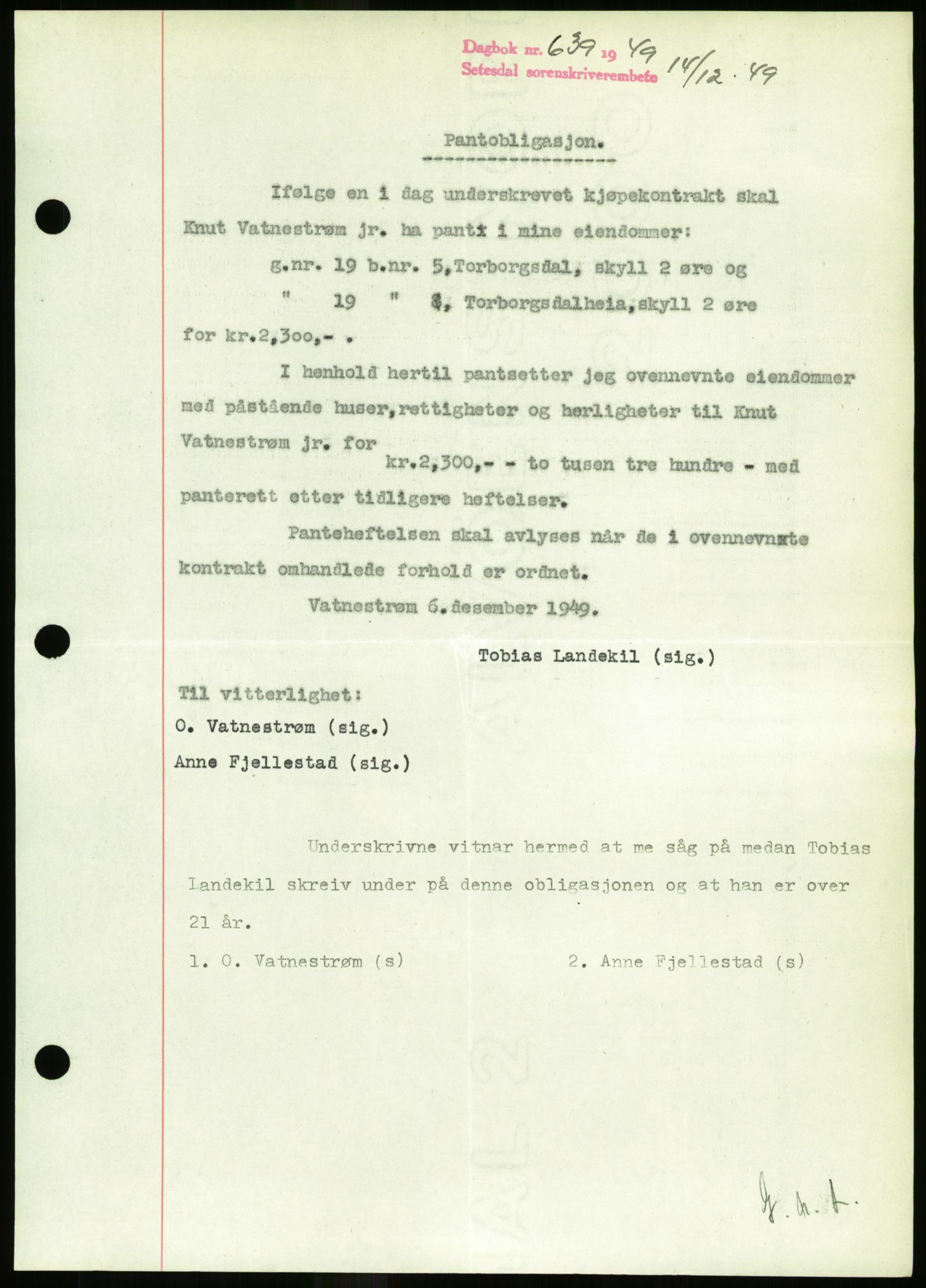 Setesdal sorenskriveri, SAK/1221-0011/G/Gb/L0050: Mortgage book no. B 38, 1949-1952, Diary no: : 639/1949