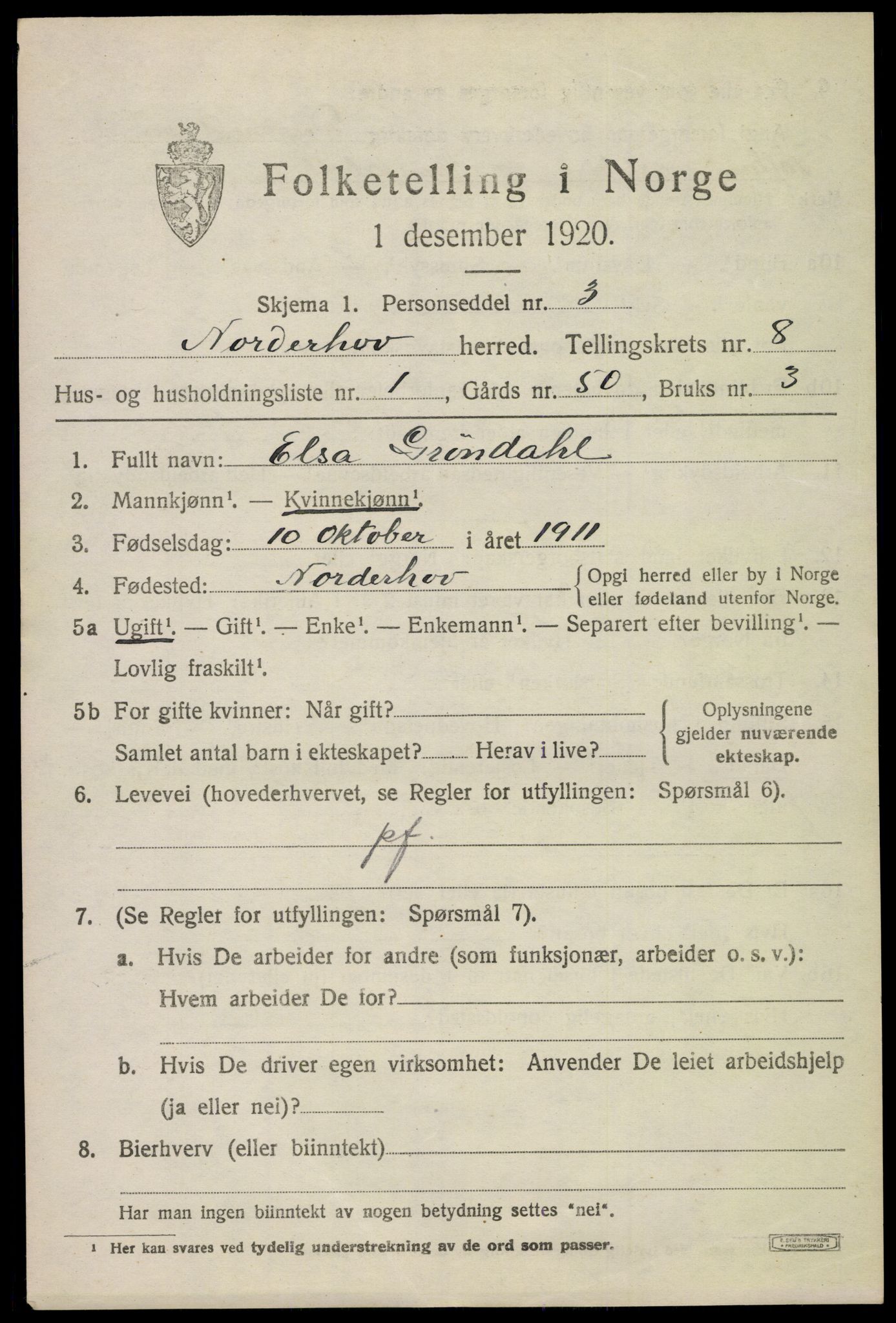 SAKO, 1920 census for Norderhov, 1920, p. 9999