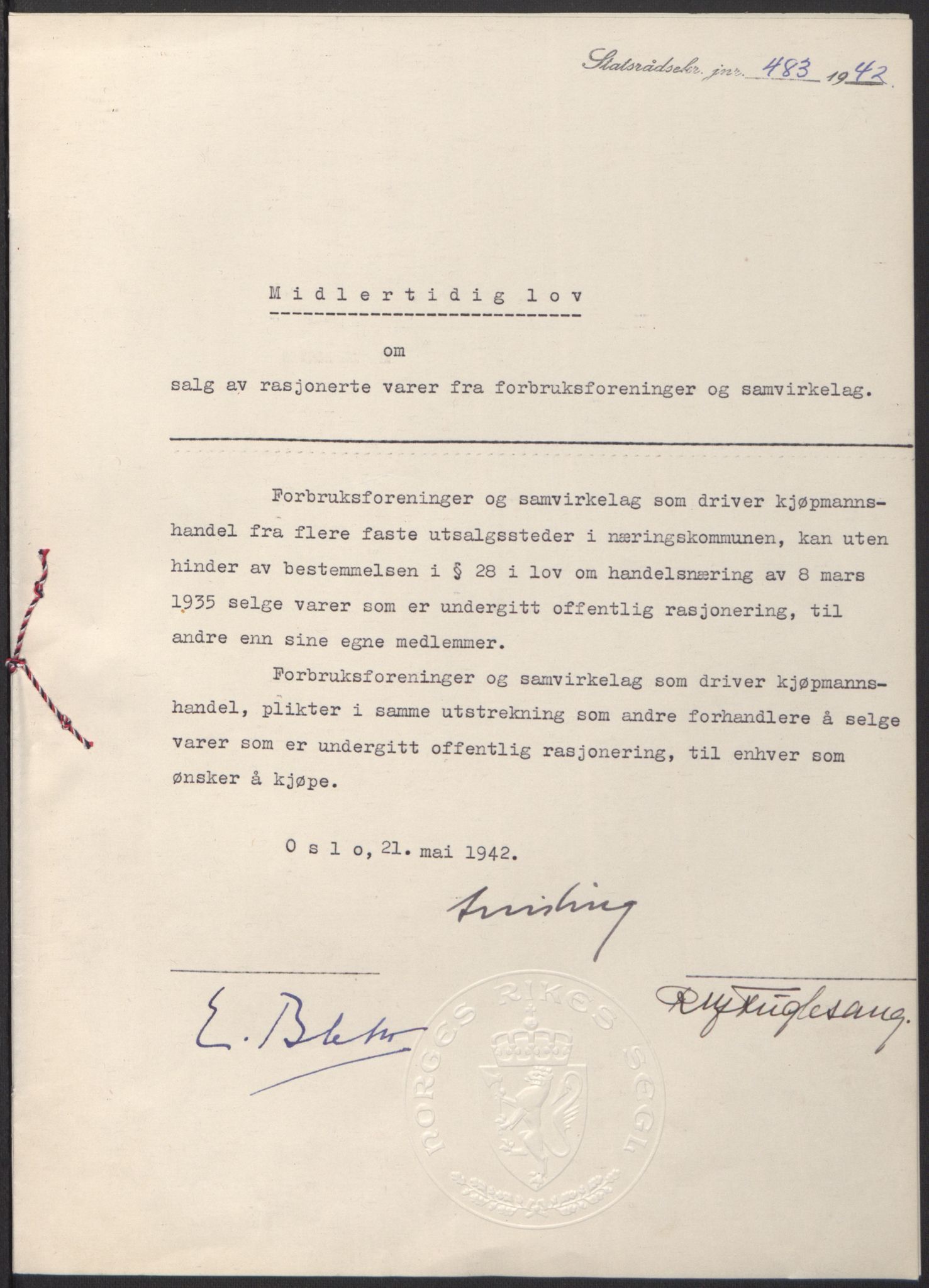 NS-administrasjonen 1940-1945 (Statsrådsekretariatet, de kommisariske statsråder mm), AV/RA-S-4279/D/Db/L0097: Lover I, 1942, p. 349